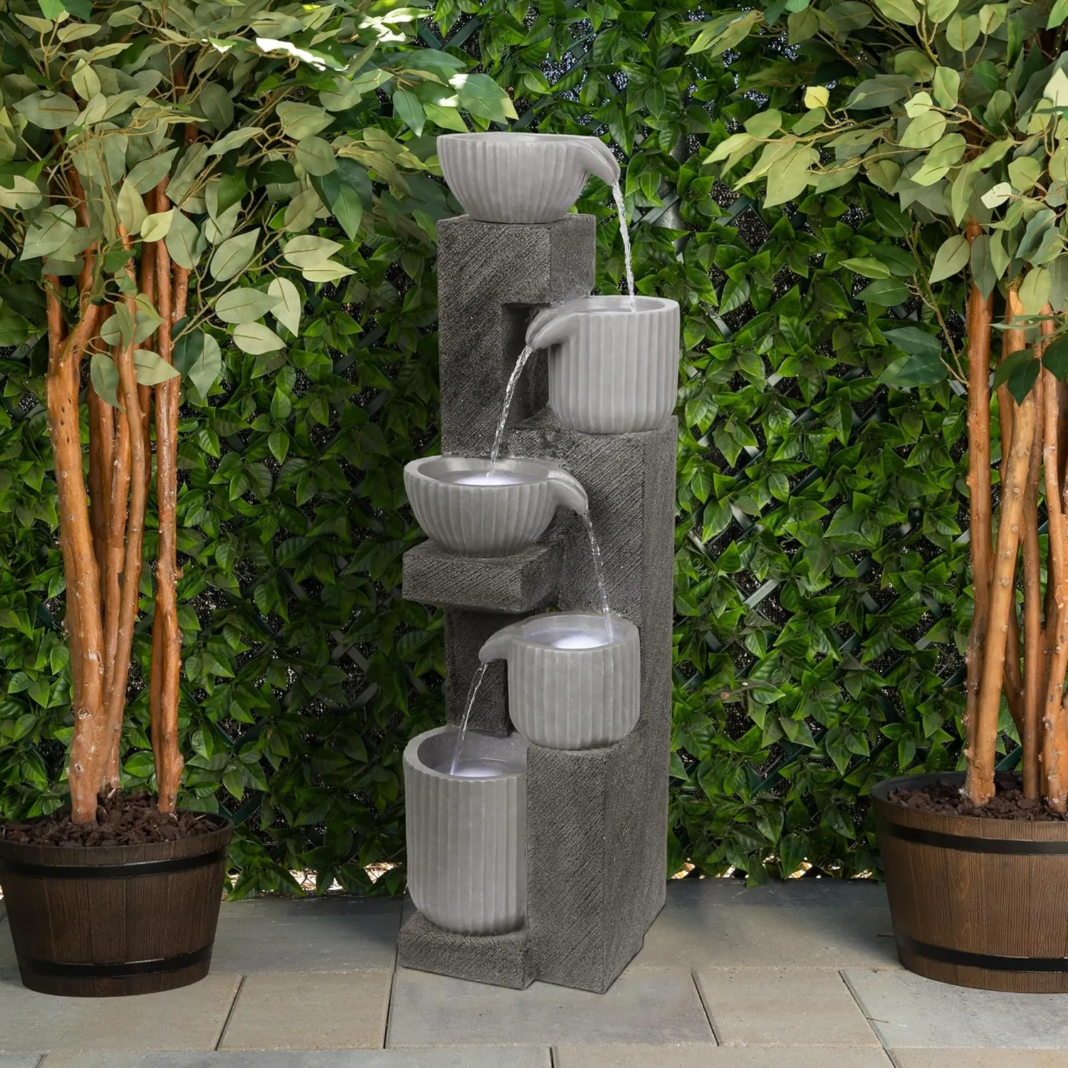 Alpine Corporation WIN1676 Outdoor 5 Tiered Pot Decorative Waterfall Floor Fountain with LED Lights, Perfect for Patios, Yards, and Landscaping, 40" Tall, Gray