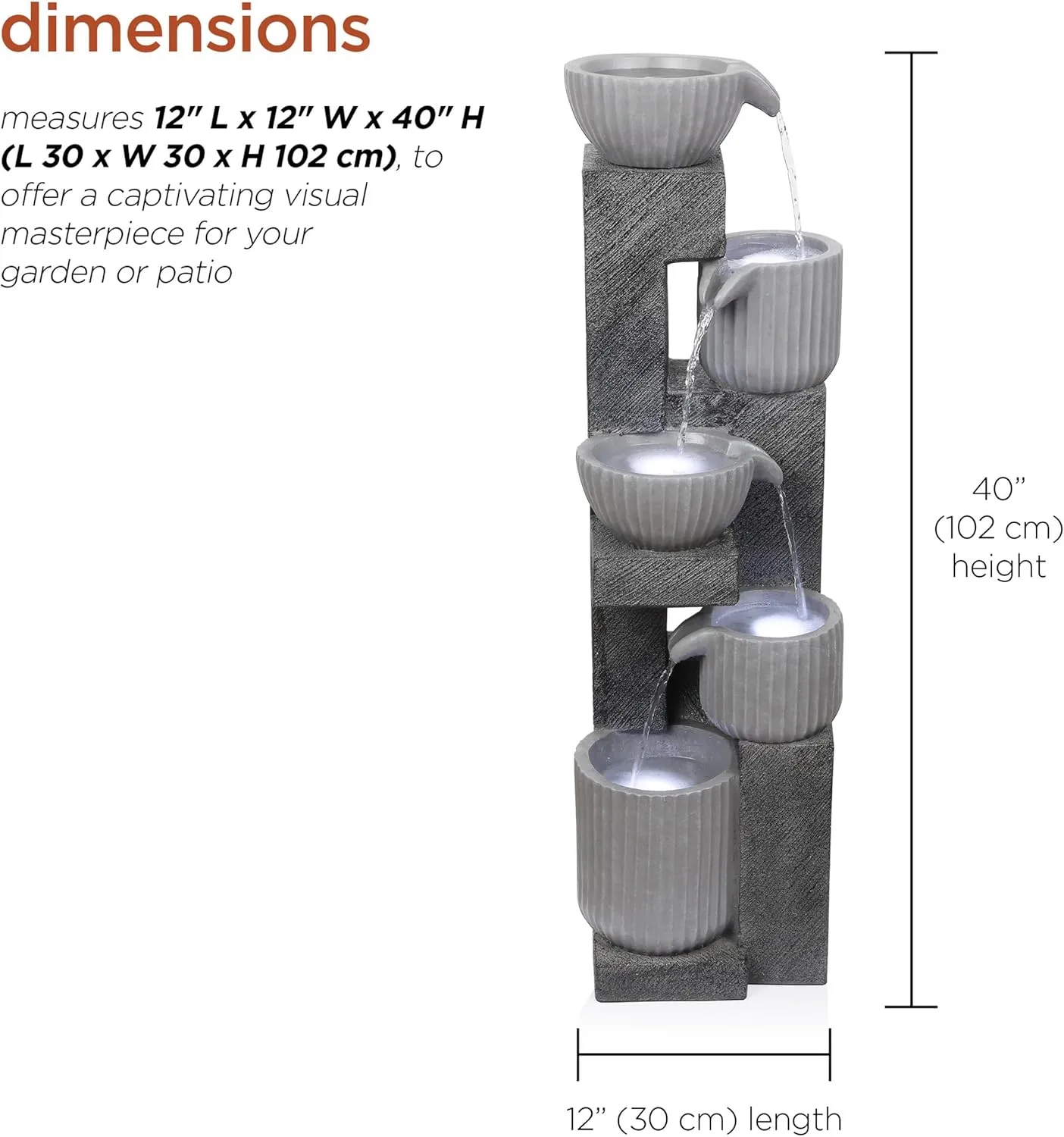 Alpine Corporation WIN1676 Outdoor 5 Tiered Pot Decorative Waterfall Floor Fountain with LED Lights, Perfect for Patios, Yards, and Landscaping, 40" Tall, Gray