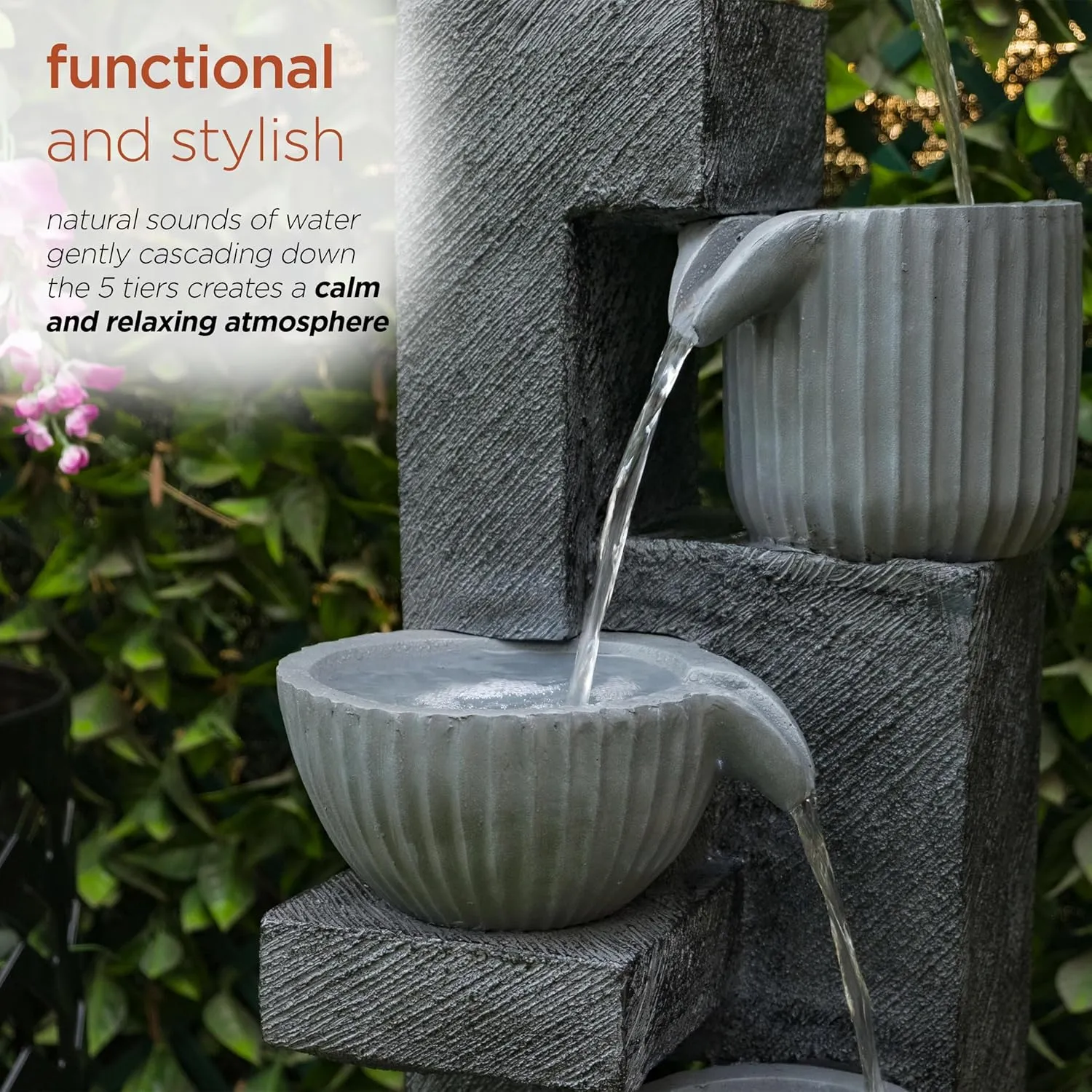 Alpine Corporation WIN1676 Outdoor 5 Tiered Pot Decorative Waterfall Floor Fountain with LED Lights, Perfect for Patios, Yards, and Landscaping, 40" Tall, Gray