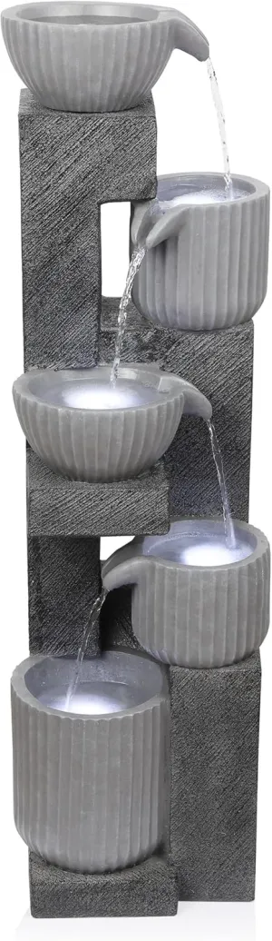 Alpine Corporation WIN1676 Outdoor 5 Tiered Pot Decorative Waterfall Floor Fountain with LED Lights, Perfect for Patios, Yards, and Landscaping, 40" Tall, Gray