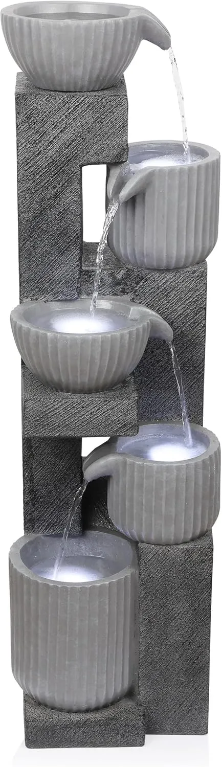 Alpine Corporation WIN1676 Outdoor 5 Tiered Pot Decorative Waterfall Floor Fountain with LED Lights, Perfect for Patios, Yards, and Landscaping, 40" Tall, Gray