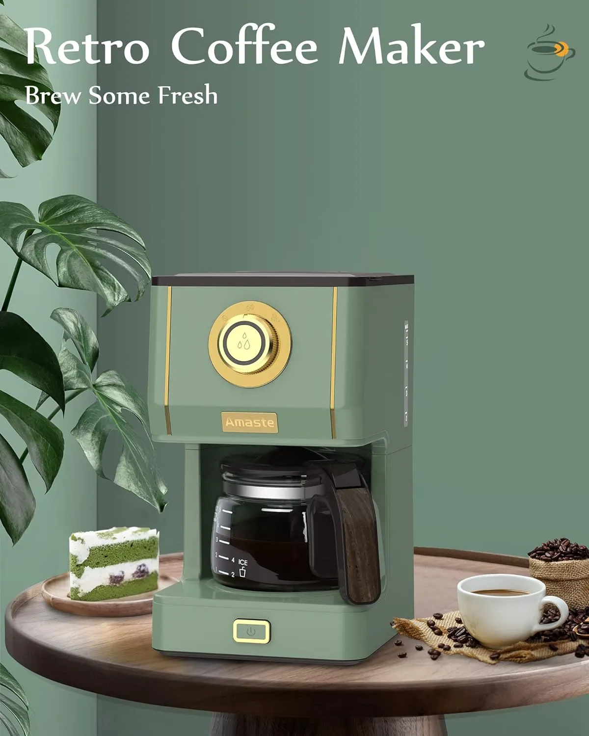 Amaste Drip Coffee Maker, Coffee Machine with 25 Oz Glass Coffee Pot, Retro Style Coffee Maker with Reusable Filter & Three Brewing Modes, 30minute-Warm-Keeping, Matcha Green