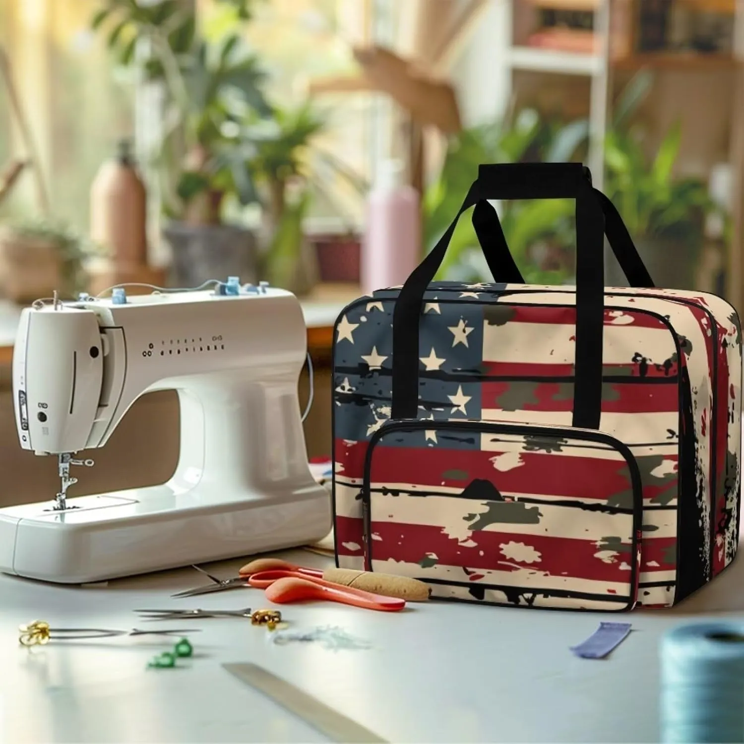 American Flag Sewing Machine Carrying Case Tote Bag Portable Padded Storage Cover Carrying Case with Pockets and Handles Suitable for Most Standard Singer Brother Janome