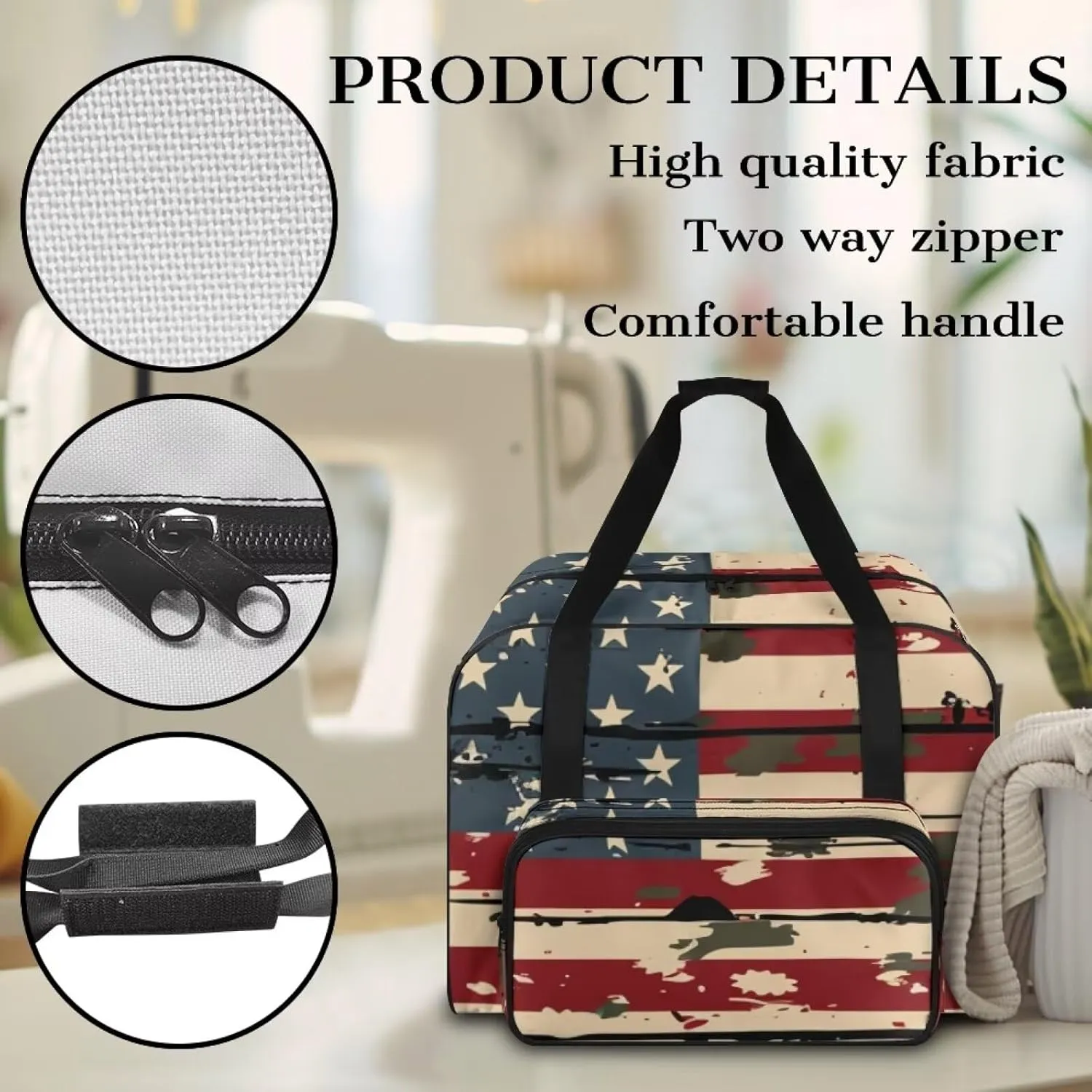 American Flag Sewing Machine Carrying Case Tote Bag Portable Padded Storage Cover Carrying Case with Pockets and Handles Suitable for Most Standard Singer Brother Janome