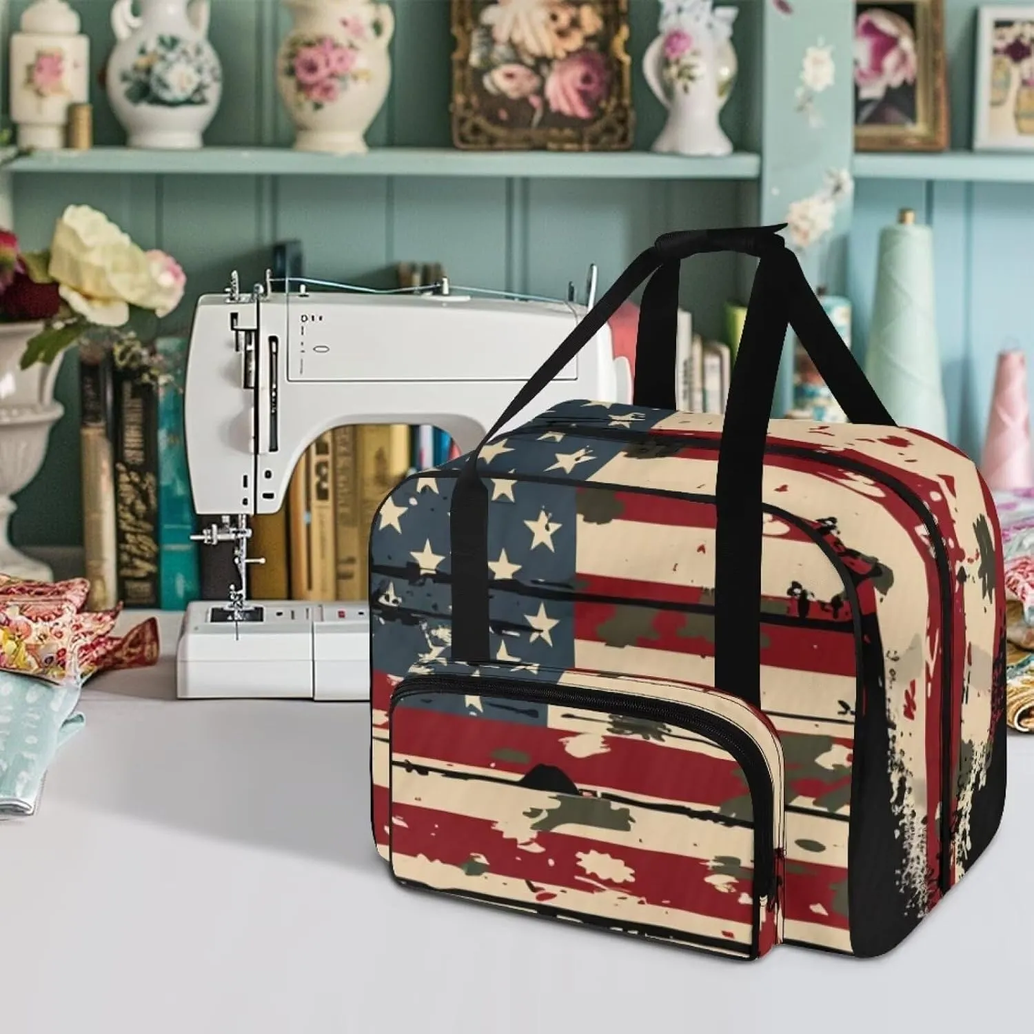 American Flag Sewing Machine Carrying Case Tote Bag Portable Padded Storage Cover Carrying Case with Pockets and Handles Suitable for Most Standard Singer Brother Janome