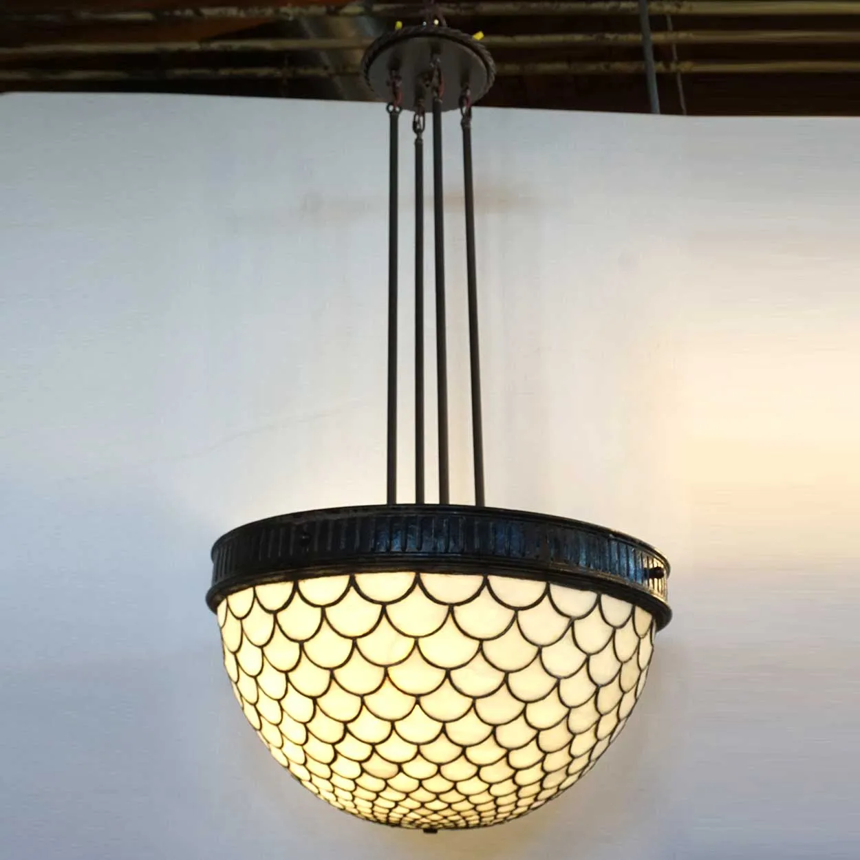American Leaded Opalescent Glass Hanging Pendant Four-Light Fixture