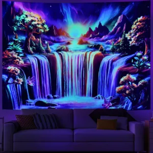 Ameyahud Blacklight Waterfall Tapestry Fantasy Landscape Tapestry UV Reactive Forest Tapestries Colorful Plant Tapestries Wonderland Mountain Wall Hanging Decor for Home