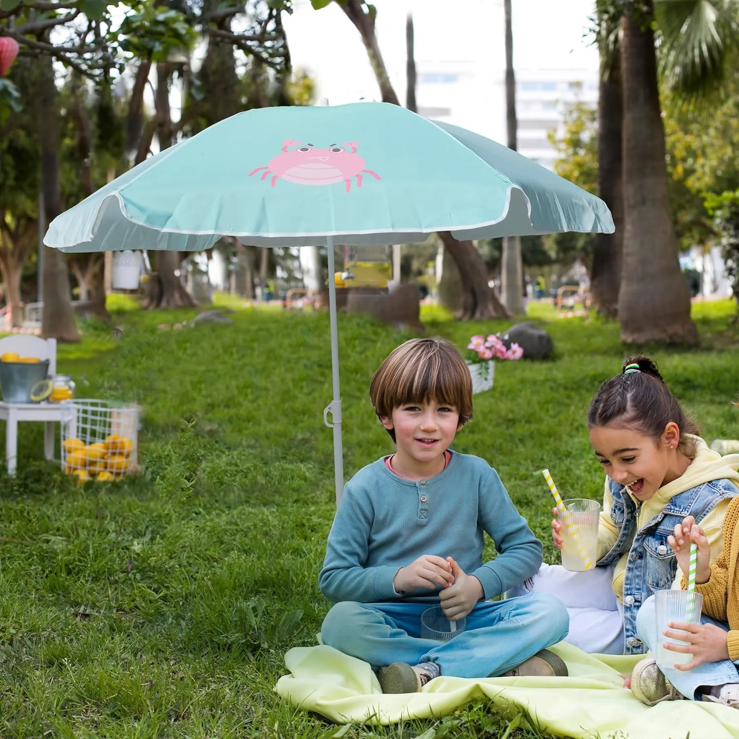 AMMSUN 47 Inch Seaside Beach Umbrella for Sand Box Water Table Kids Durable Umbrellas for children Picnic Beach Camping Garden Outdoor Play Shade Green Crab