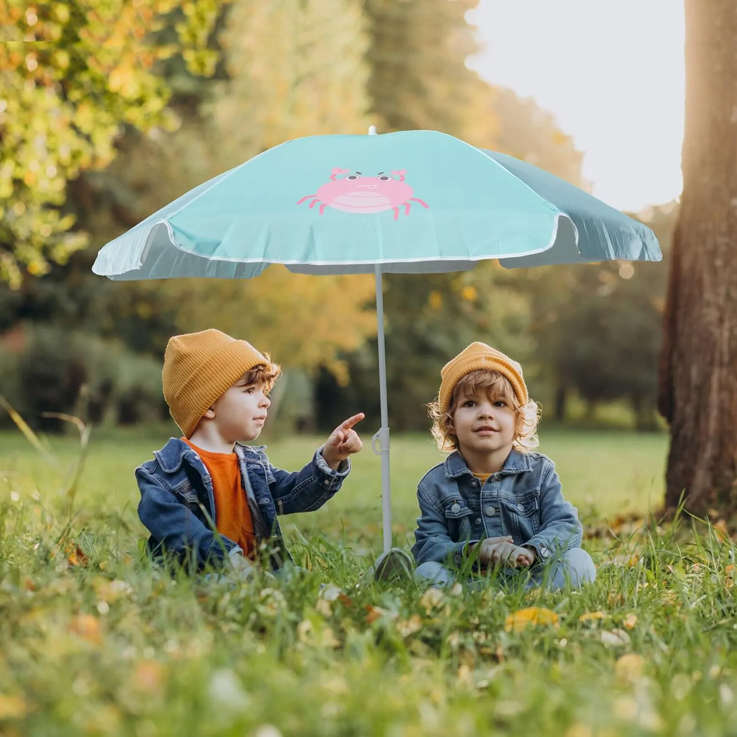 AMMSUN 47 Inch Seaside Beach Umbrella for Sand Box Water Table Kids Durable Umbrellas for children Picnic Beach Camping Garden Outdoor Play Shade Green Crab