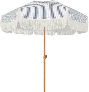AMMSUN 7ft Patio Umbrella with Fringe Outdoor Tassel Umbrella UPF50  Premium Steel Pole and Ribs Push Button Tilt, Navy Blue Stripes