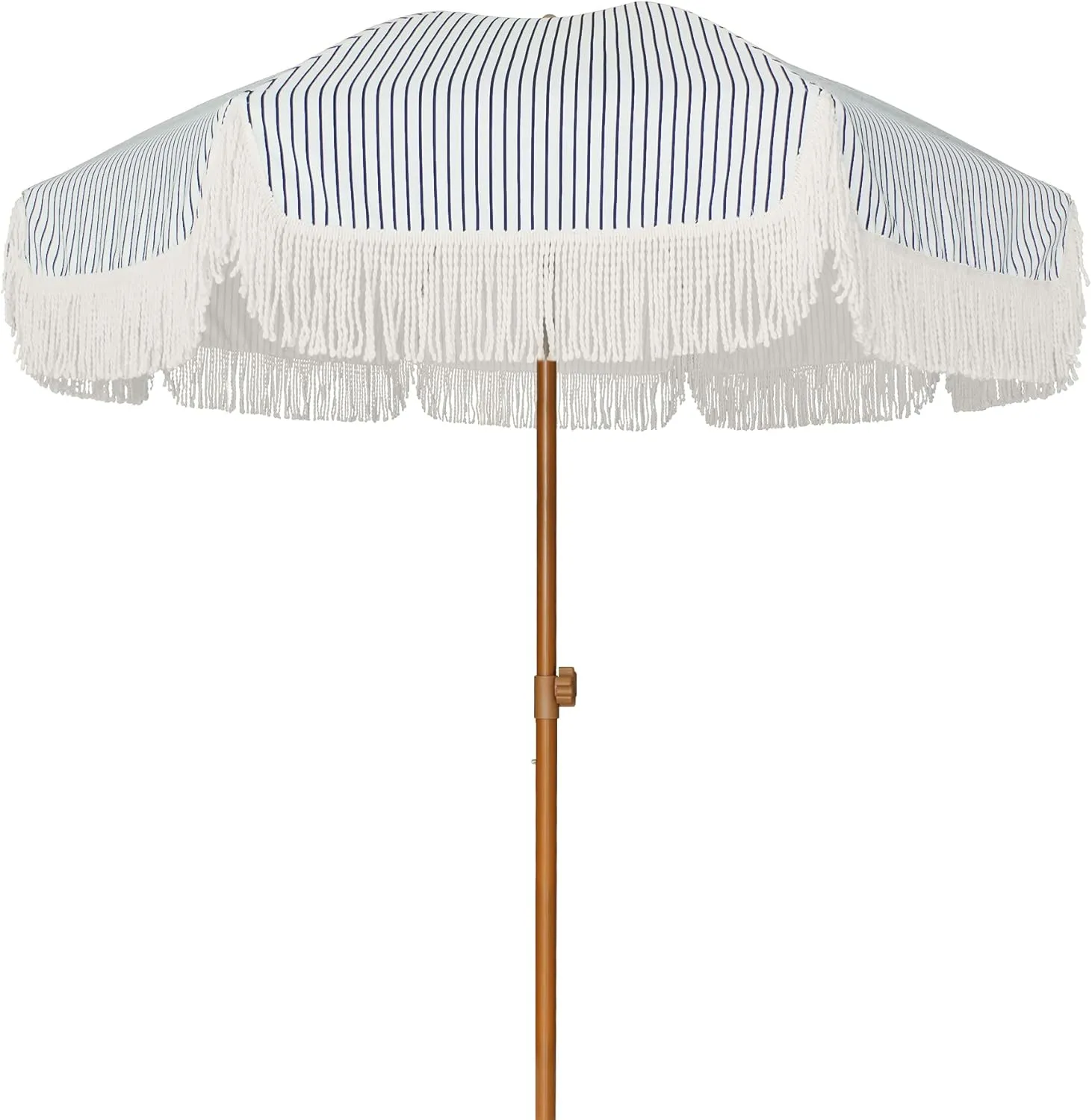 AMMSUN 7ft Patio Umbrella with Fringe Outdoor Tassel Umbrella UPF50  Premium Steel Pole and Ribs Push Button Tilt, Navy Blue Stripes
