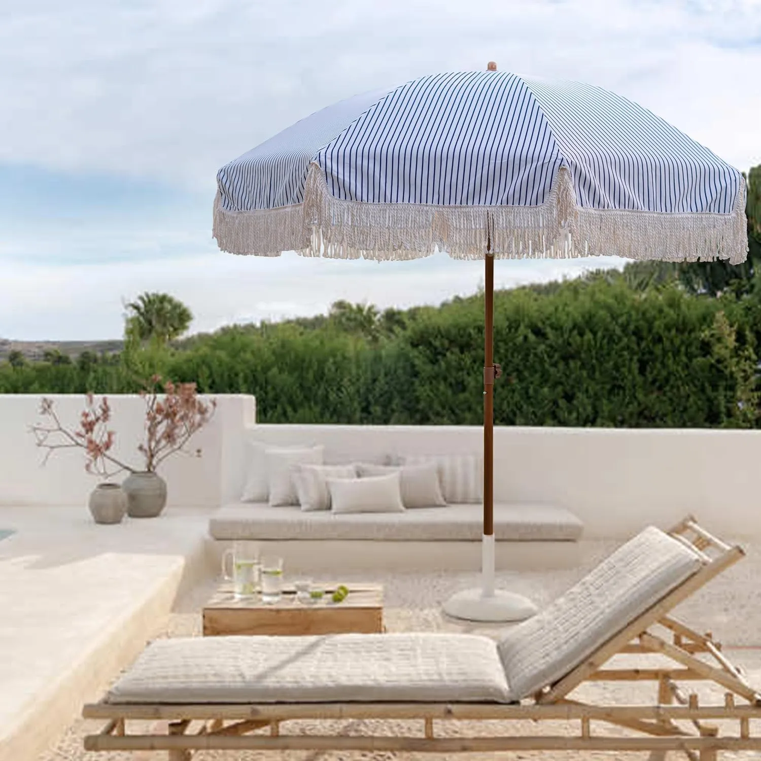 AMMSUN 7ft Patio Umbrella with Fringe Outdoor Tassel Umbrella UPF50  Premium Steel Pole and Ribs Push Button Tilt, Navy Blue Stripes