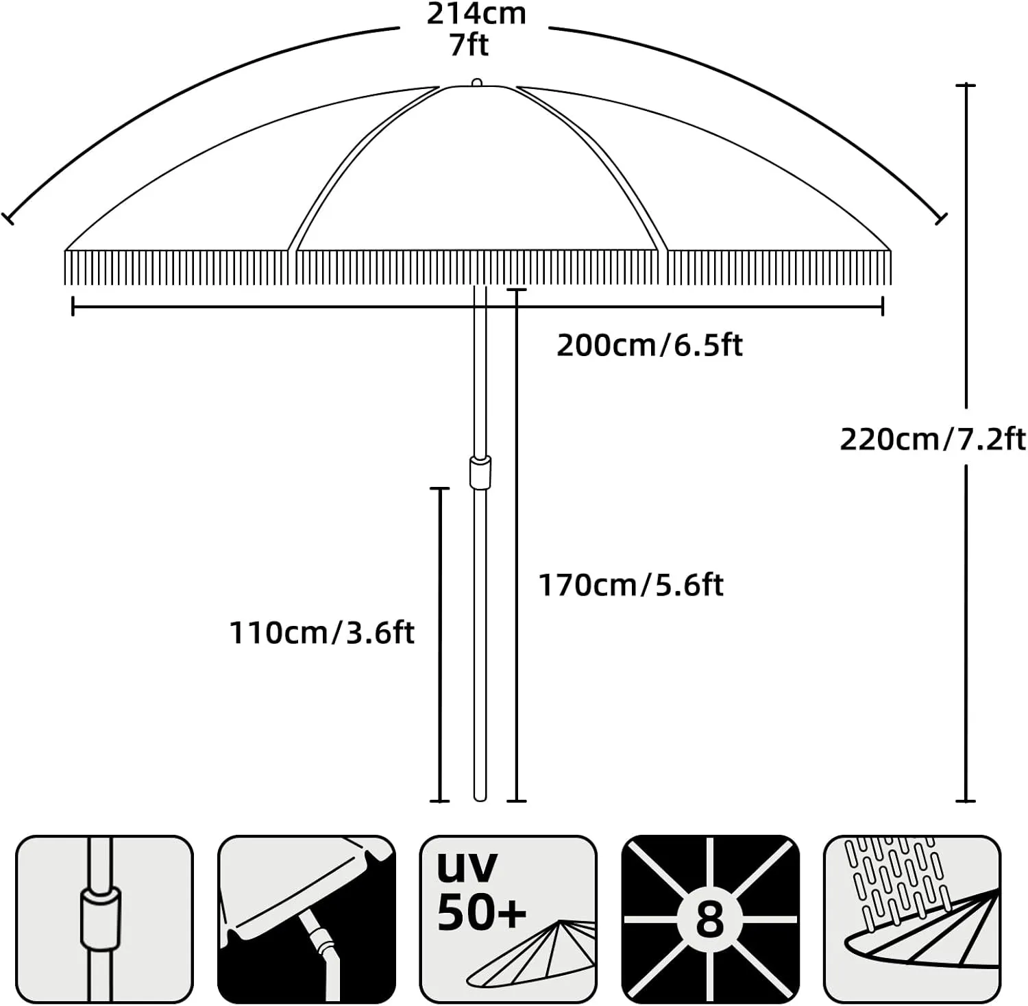 AMMSUN 7ft Patio Umbrella with Fringe Outdoor Tassel Umbrella UPF50  Premium Steel Pole and Ribs Push Button Tilt, Navy Blue Stripes