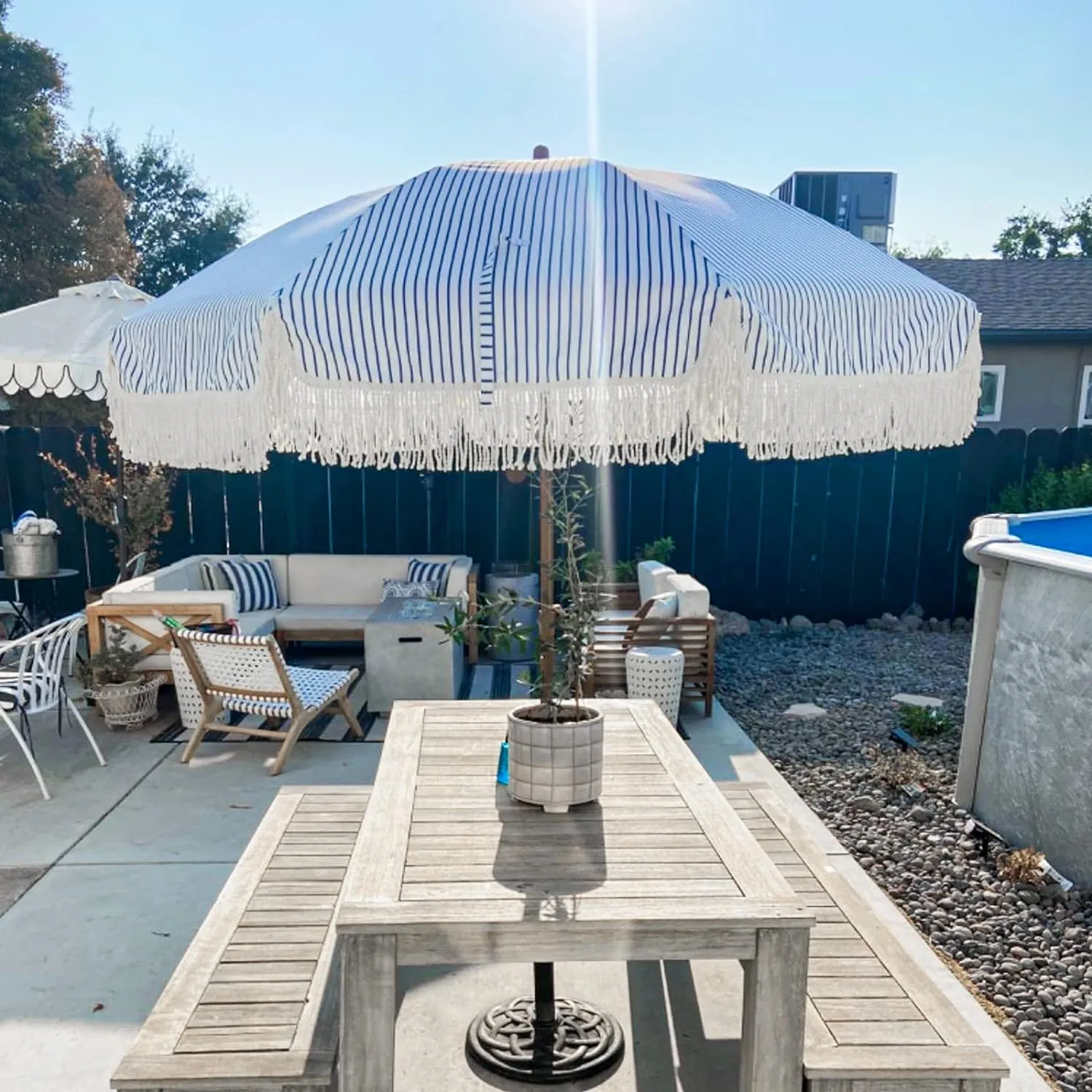 AMMSUN 7ft Patio Umbrella with Fringe Outdoor Tassel Umbrella UPF50  Premium Steel Pole and Ribs Push Button Tilt, Navy Blue Stripes