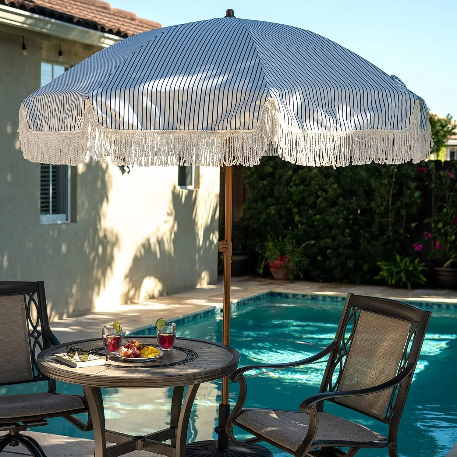 AMMSUN 7ft Patio Umbrella with Fringe Outdoor Tassel Umbrella UPF50  Premium Steel Pole and Ribs Push Button Tilt, Navy Blue Stripes