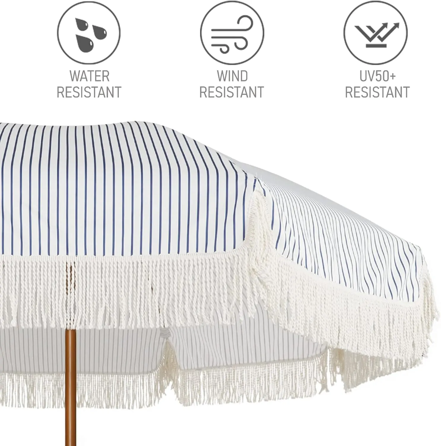 AMMSUN 7ft Patio Umbrella with Fringe Outdoor Tassel Umbrella UPF50  Premium Steel Pole and Ribs Push Button Tilt, Navy Blue Stripes