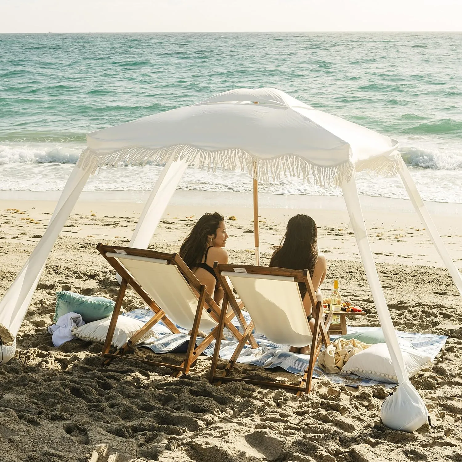 AMMSUN Beach Cabana with Fringe, 6'×6' Boho Beach Canopy with Tassels, Easy Set up & Premium Wood Pole, Cabana Tent with Sand Pockets, Instant Sun Shade for Sand, Garden, Patio, Elegant White