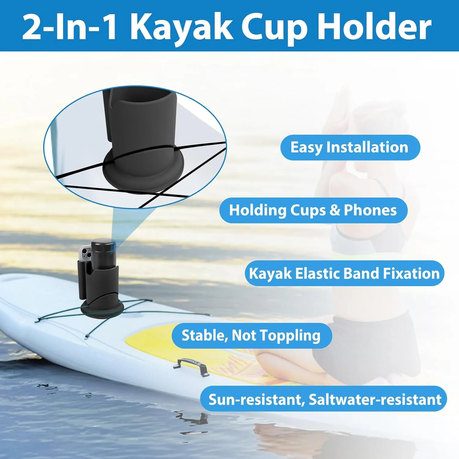 ANGAR Paddleboard Cup Holder, Paddle Board and Kayak Drink Holder, 2-in-1 Anti-Flip Drink & Phone Holder