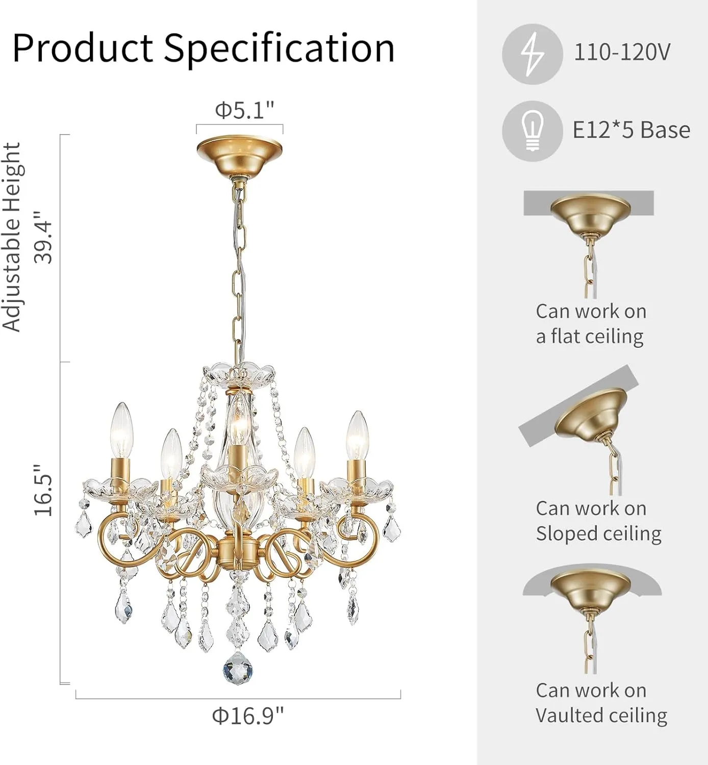 ANJIADENGSHI Mini Crystal Chandelier K9 Crystal Lighting Chandelier for Living Room 5 E12 Bulbs High 16.5 in x Diameter 16.9 in, Golden