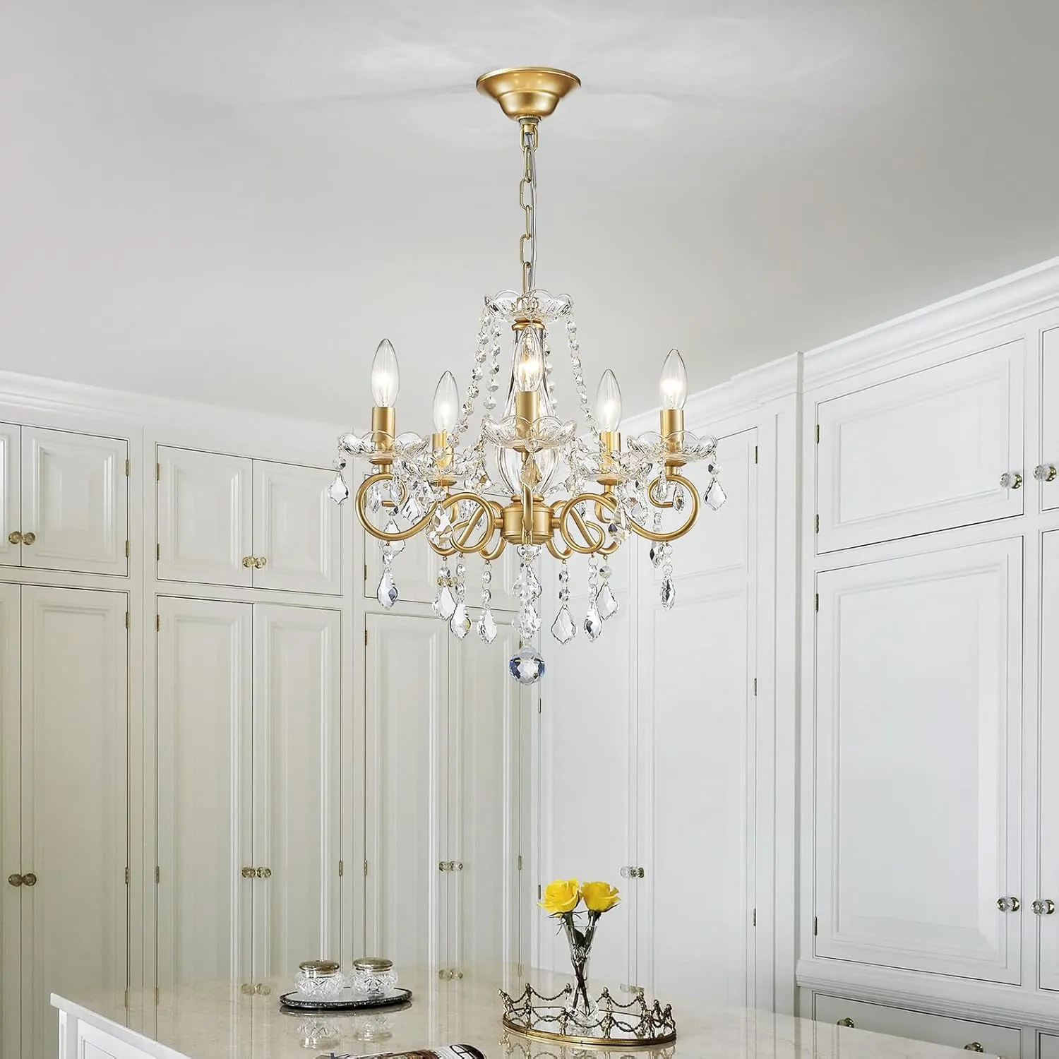 ANJIADENGSHI Mini Crystal Chandelier K9 Crystal Lighting Chandelier for Living Room 5 E12 Bulbs High 16.5 in x Diameter 16.9 in, Golden