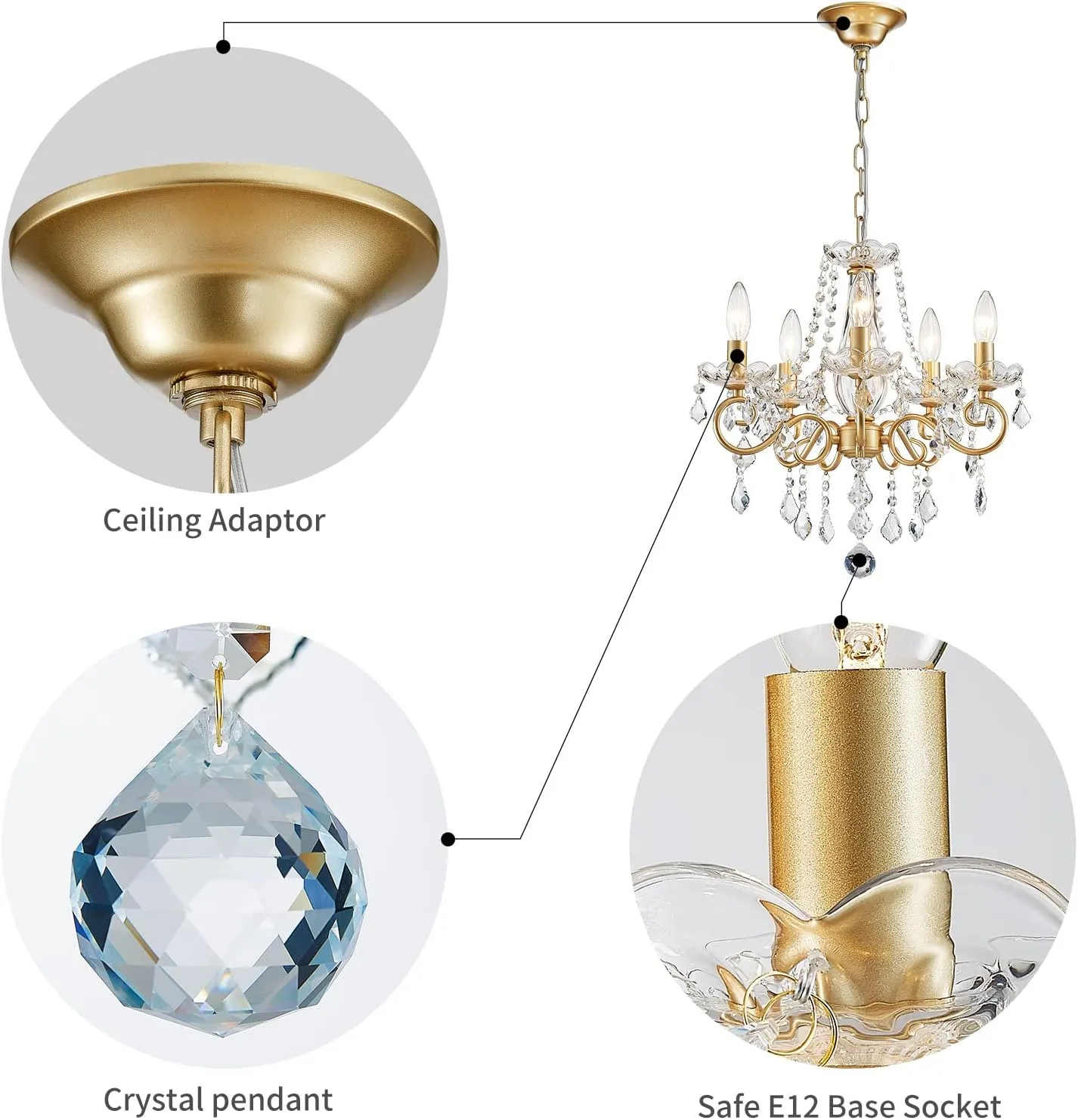 ANJIADENGSHI Mini Crystal Chandelier K9 Crystal Lighting Chandelier for Living Room 5 E12 Bulbs High 16.5 in x Diameter 16.9 in, Golden
