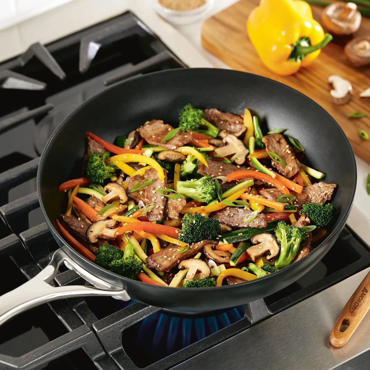 Anolon Nouvelle Copper Hard Anodized Nonstick Wok/Stir Fry Pan/Wok Pan - 12 Inch, Onyx Black
