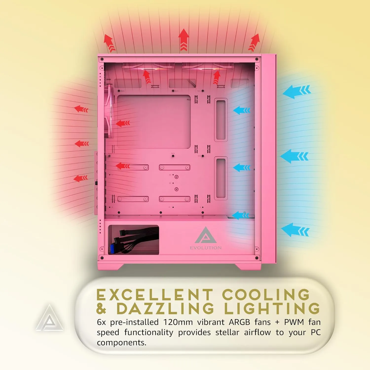 Apevia Evolution-PK Evolution Mid Tower Gaming PC Case w/ 6X 120mm PWM ARGB Fans, 366 RGB Light Modes, 1x Metal Plate Mesh Front Panel, 1x Door Swivel Style Magnetic Glass Side Panel, 2X USB3.0, Pink