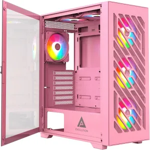 Apevia Evolution-PK Evolution Mid Tower Gaming PC Case w/ 6X 120mm PWM ARGB Fans, 366 RGB Light Modes, 1x Metal Plate Mesh Front Panel, 1x Door Swivel Style Magnetic Glass Side Panel, 2X USB3.0, Pink