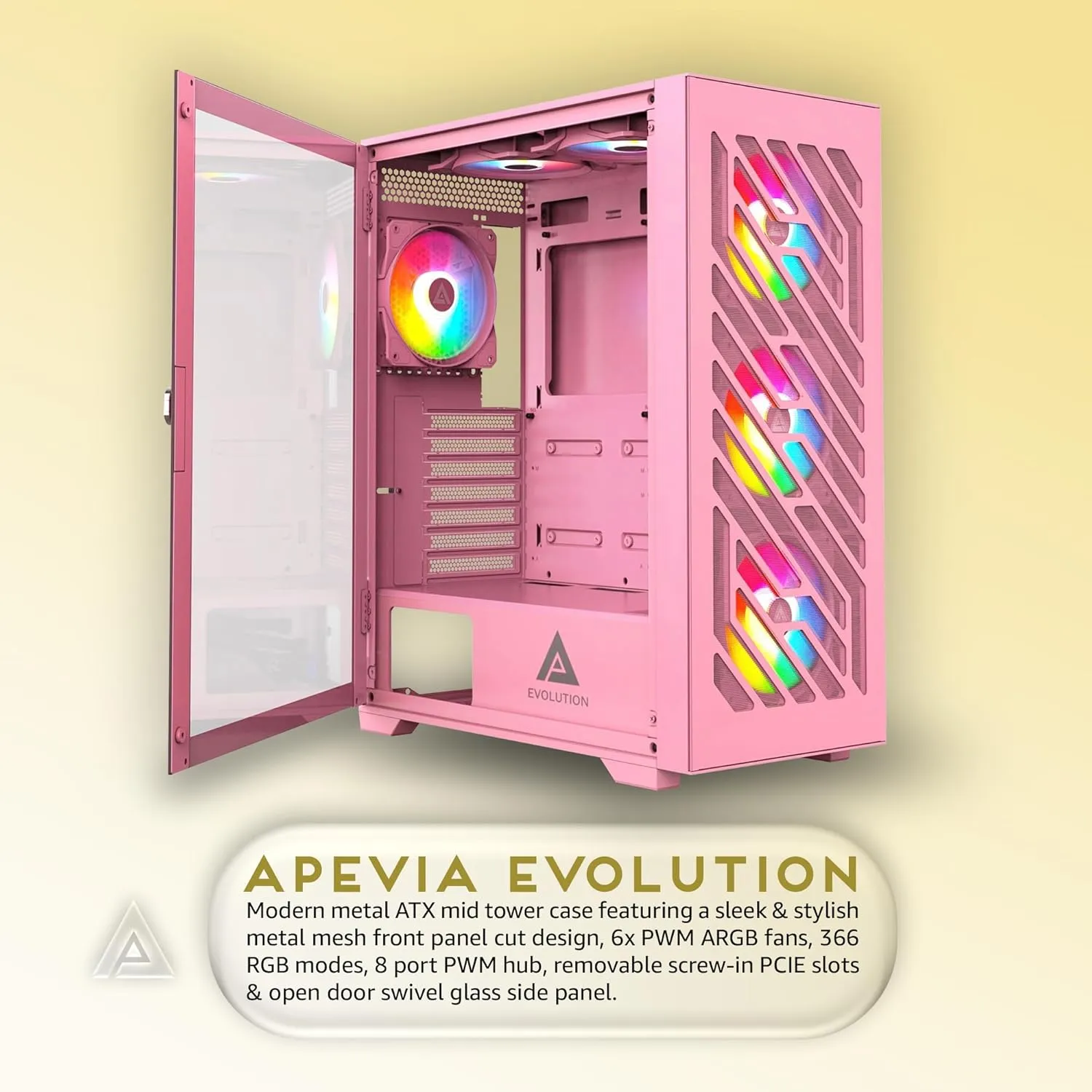 Apevia Evolution-PK Evolution Mid Tower Gaming PC Case w/ 6X 120mm PWM ARGB Fans, 366 RGB Light Modes, 1x Metal Plate Mesh Front Panel, 1x Door Swivel Style Magnetic Glass Side Panel, 2X USB3.0, Pink