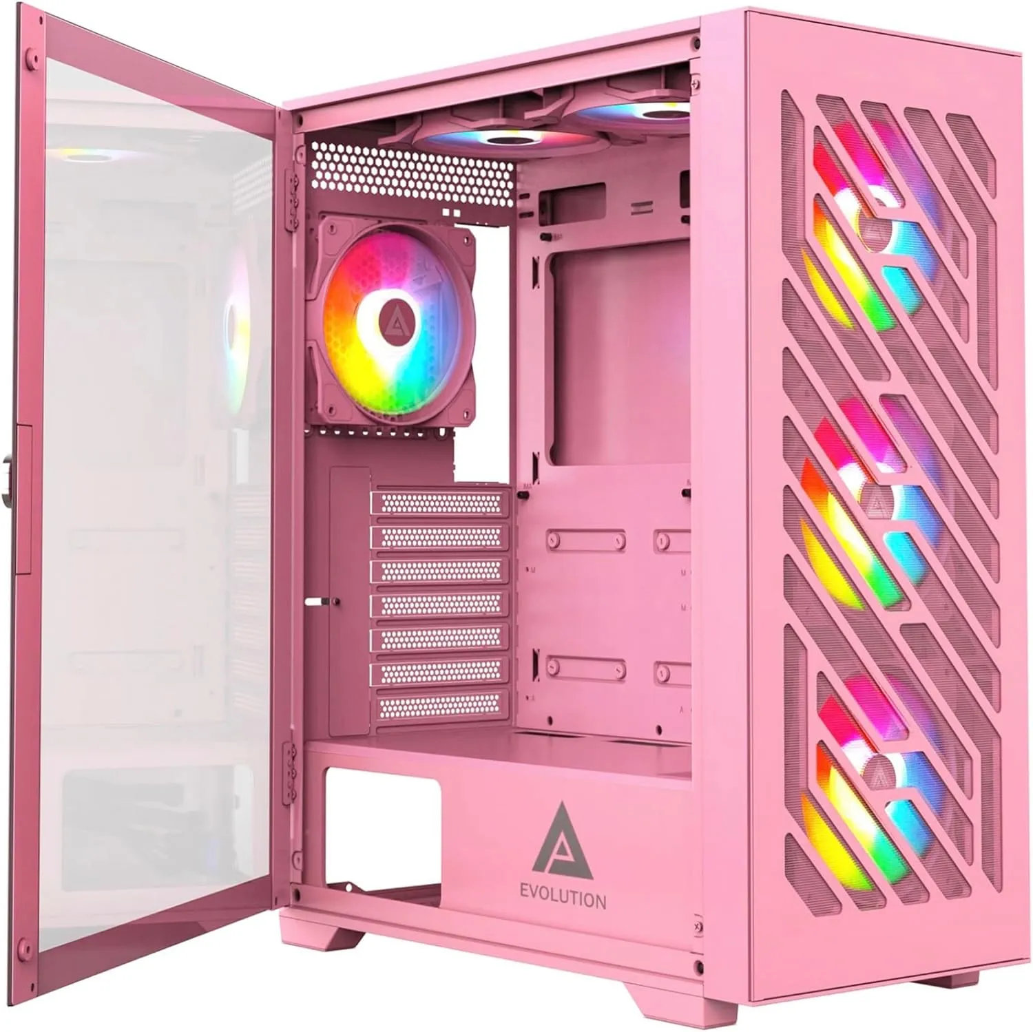 Apevia Evolution-PK Evolution Mid Tower Gaming PC Case w/ 6X 120mm PWM ARGB Fans, 366 RGB Light Modes, 1x Metal Plate Mesh Front Panel, 1x Door Swivel Style Magnetic Glass Side Panel, 2X USB3.0, Pink