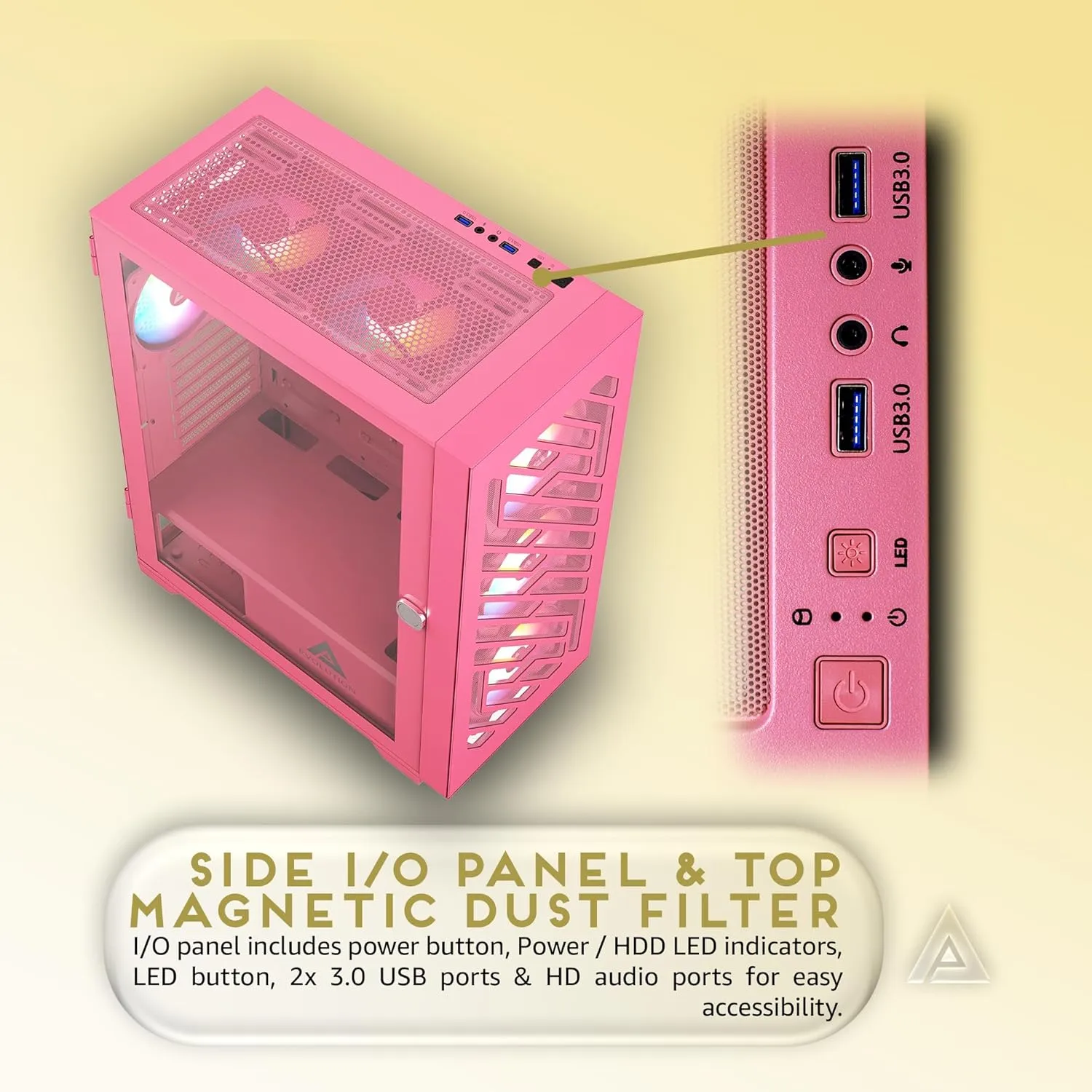 Apevia Evolution-PK Evolution Mid Tower Gaming PC Case w/ 6X 120mm PWM ARGB Fans, 366 RGB Light Modes, 1x Metal Plate Mesh Front Panel, 1x Door Swivel Style Magnetic Glass Side Panel, 2X USB3.0, Pink