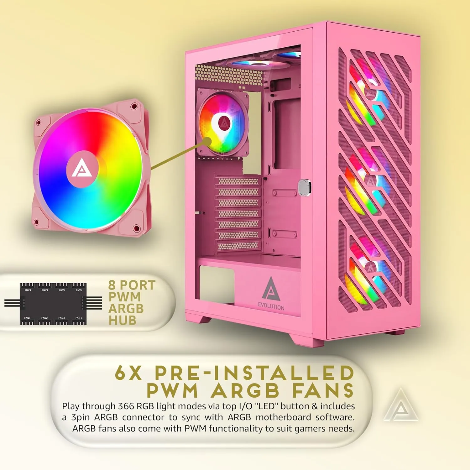 Apevia Evolution-PK Evolution Mid Tower Gaming PC Case w/ 6X 120mm PWM ARGB Fans, 366 RGB Light Modes, 1x Metal Plate Mesh Front Panel, 1x Door Swivel Style Magnetic Glass Side Panel, 2X USB3.0, Pink