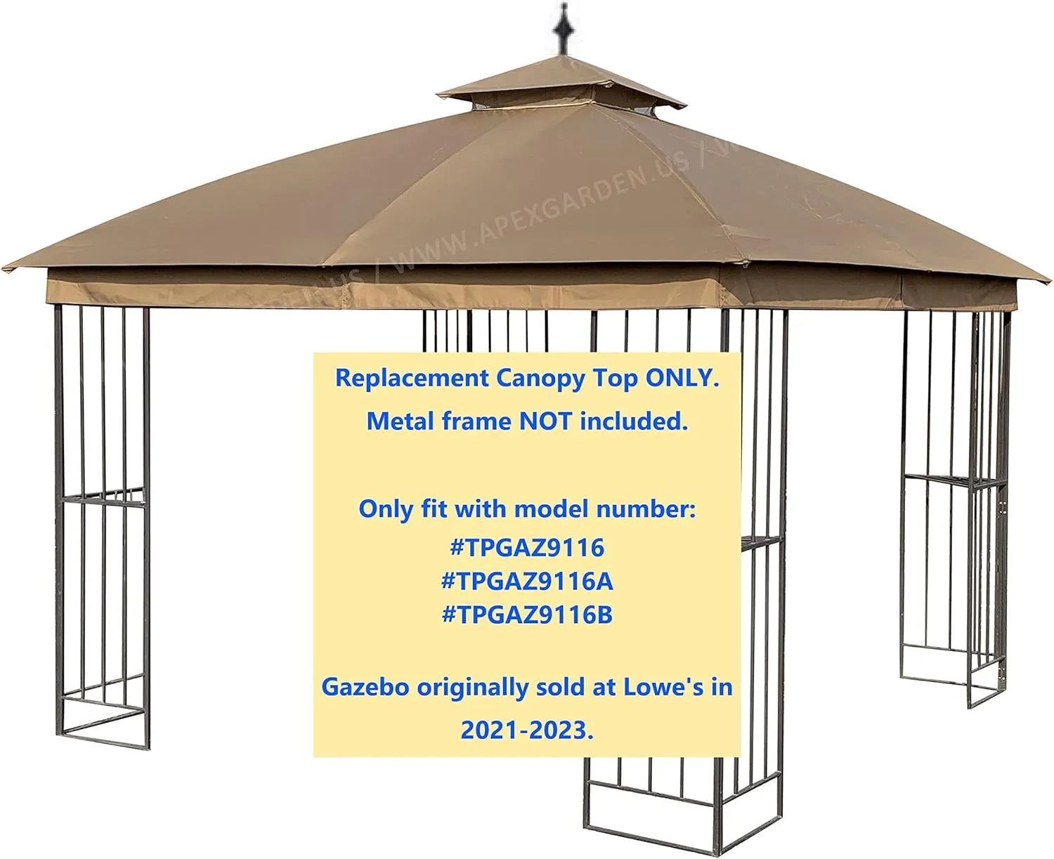 APEX GARDEN Replacements for Style Selections 10 ft x 10 ft Brown Metal Square Semi- Gazebo Model #TPGAZ9116 / #TPGAZ9116-ABD / #TPGAZ9126 / #TPGAZ9126-AB (Canopy Top (w/air Vent Cover))