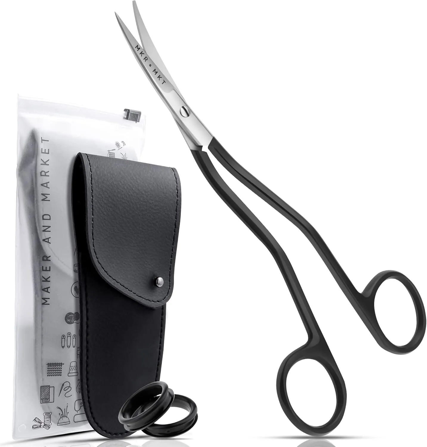 Applique Long Thin Needlepoint Blade 6.1 Inch - Double Bent Curved Offset Handle Scissors with Pouch Sleeve for Embroidery, Fabric, Thread, Knitting, Sewing, Arts & Craft (Black)