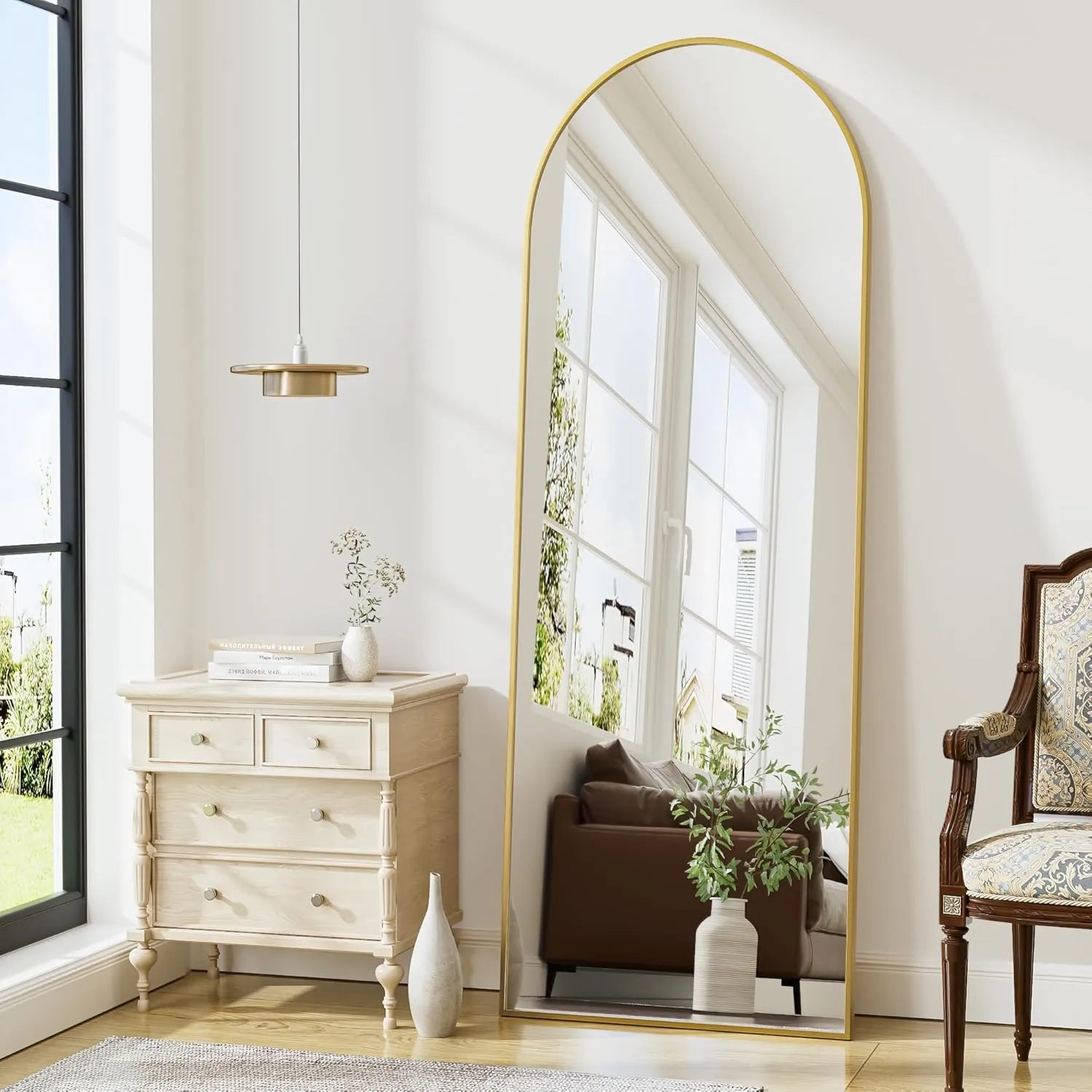 Arched Floor Mirror, 56"x20" Full Length Mirror, Standing Mirror Hanging or Leaning, Body Mirrors with Stand, Wall Mounted Arched-Top Mirrors with Aluminum Frame for Bedroom (Gold)
