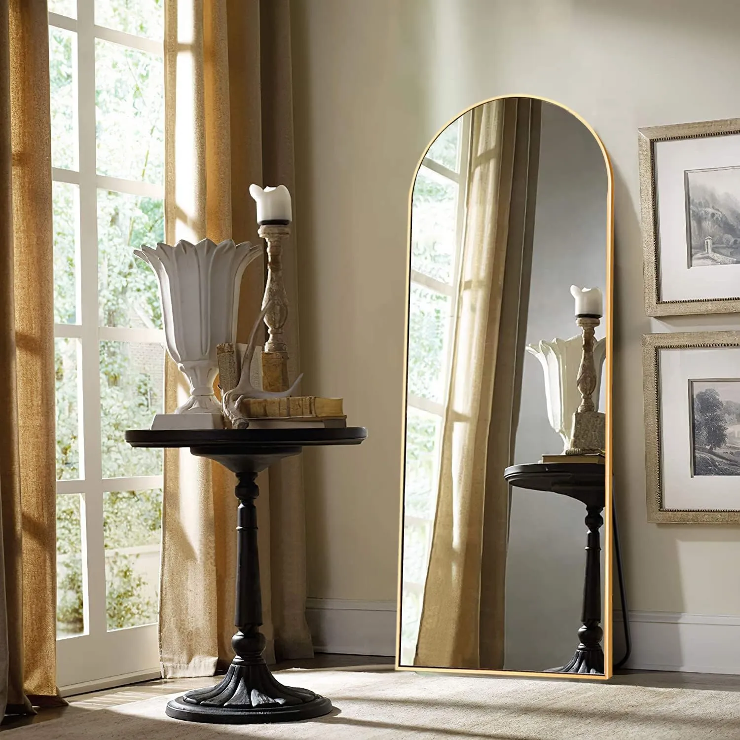 Arched Floor Mirror, 56"x20" Full Length Mirror, Standing Mirror Hanging or Leaning, Body Mirrors with Stand, Wall Mounted Arched-Top Mirrors with Aluminum Frame for Bedroom (Gold)