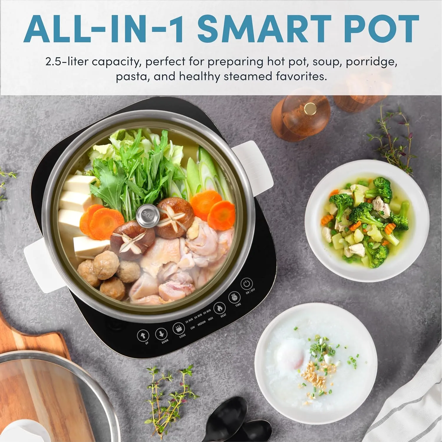 Aroma Housewares 2.5-Liter Smart Electric Hot Pot & Rapid Boil Steamer with Automatic Stainless Steel Steamer Basket Lift, White, ASP-700