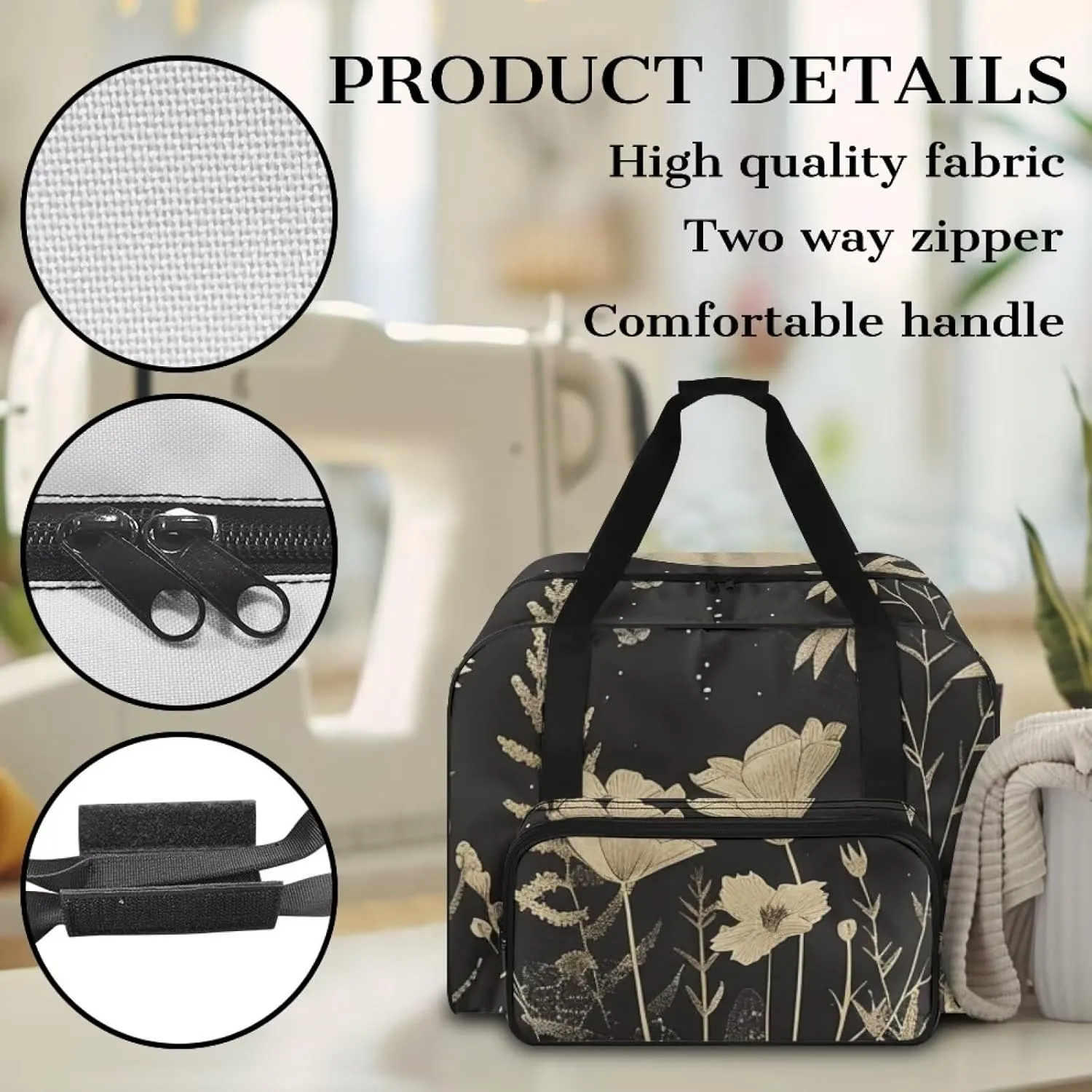 Art Flowers Sewing Machine Storage Bag Portable Sewing Machine Cover Dust Cover Foldable Tote Handbag with Multiple Pockets Compatible with Most Standard Sewing Machines