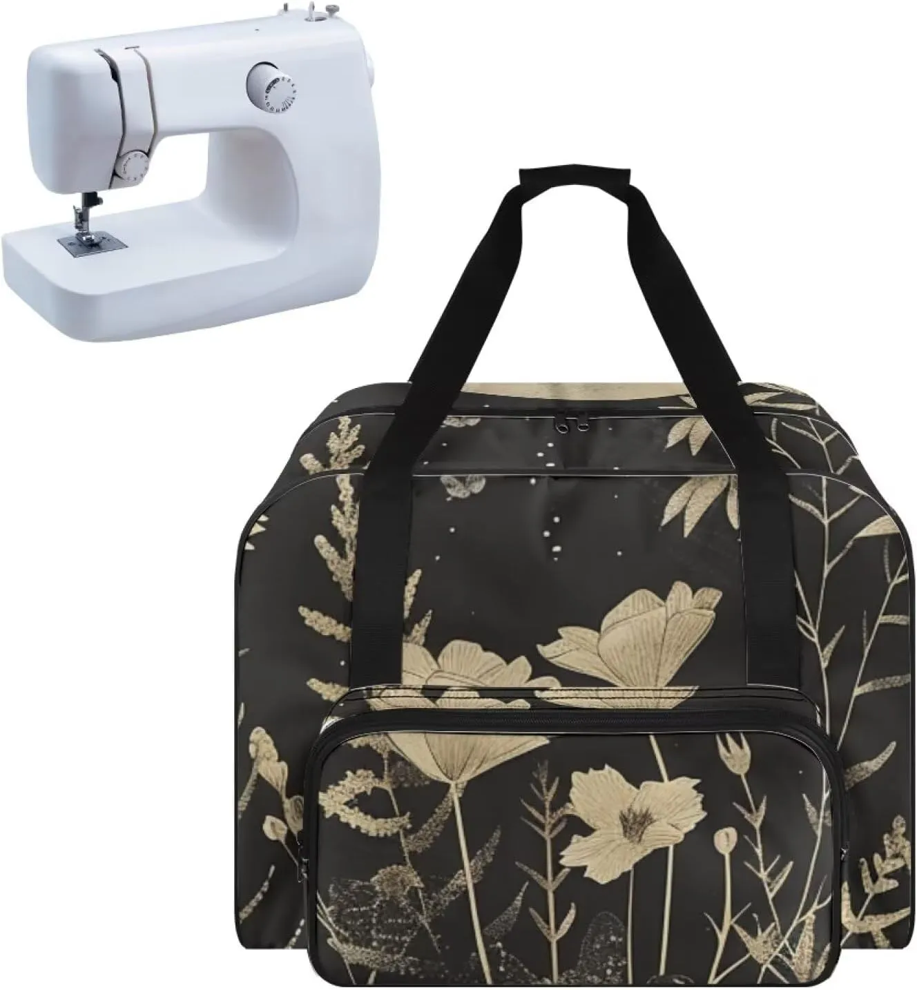 Art Flowers Sewing Machine Storage Bag Portable Sewing Machine Cover Dust Cover Foldable Tote Handbag with Multiple Pockets Compatible with Most Standard Sewing Machines