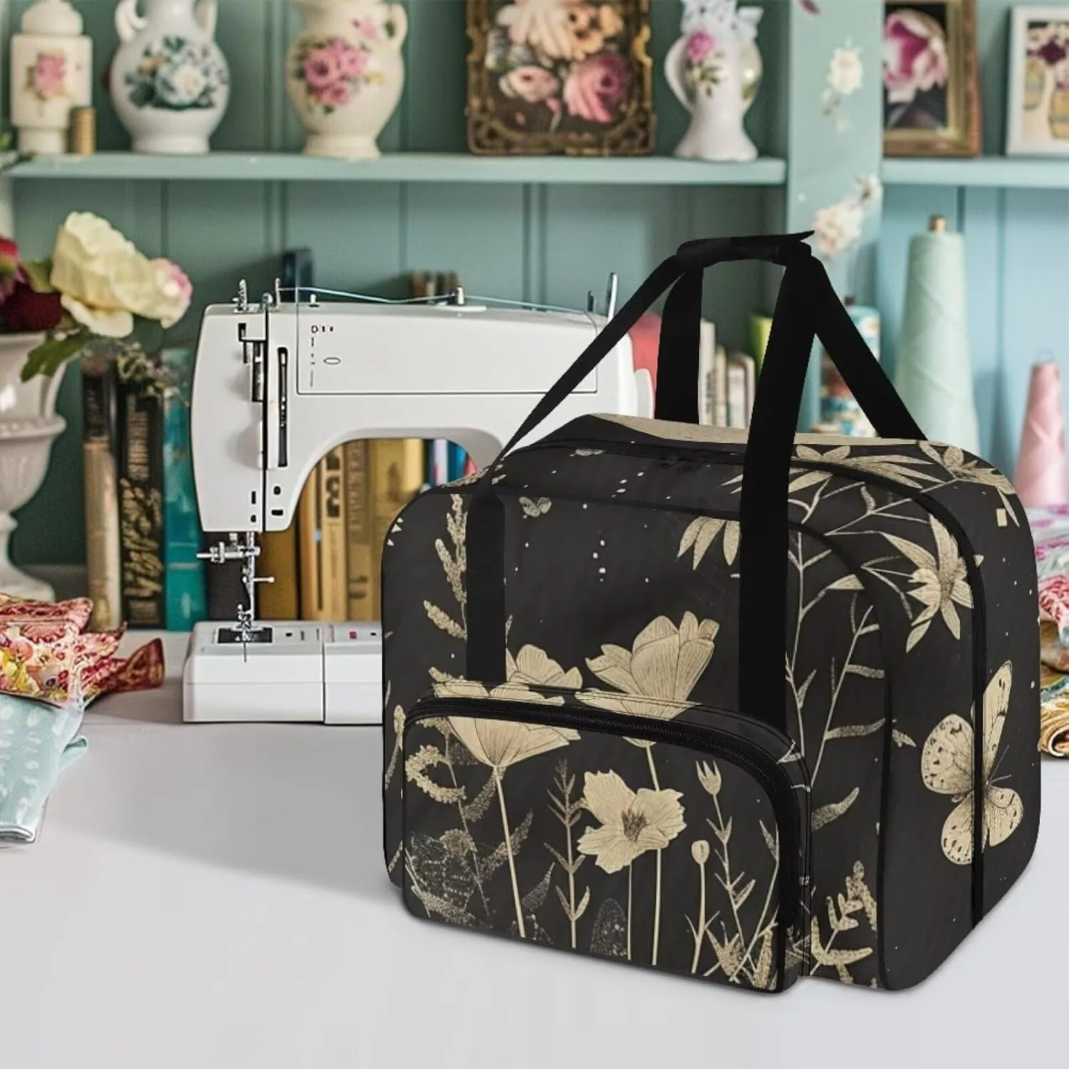 Art Flowers Sewing Machine Storage Bag Portable Sewing Machine Cover Dust Cover Foldable Tote Handbag with Multiple Pockets Compatible with Most Standard Sewing Machines