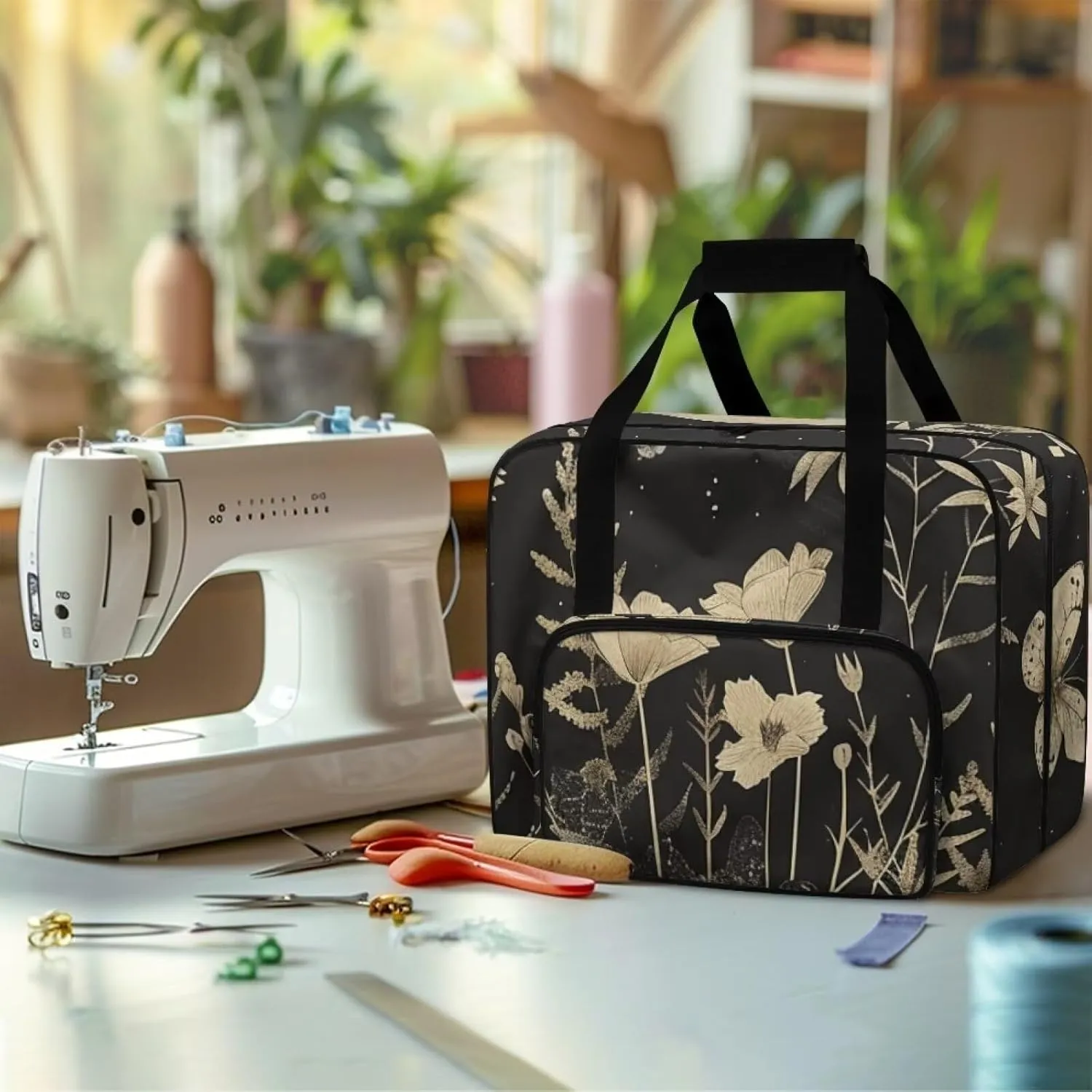 Art Flowers Sewing Machine Storage Bag Portable Sewing Machine Cover Dust Cover Foldable Tote Handbag with Multiple Pockets Compatible with Most Standard Sewing Machines