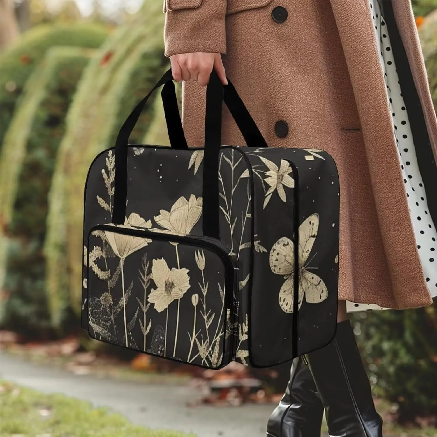 Art Flowers Sewing Machine Storage Bag Portable Sewing Machine Cover Dust Cover Foldable Tote Handbag with Multiple Pockets Compatible with Most Standard Sewing Machines