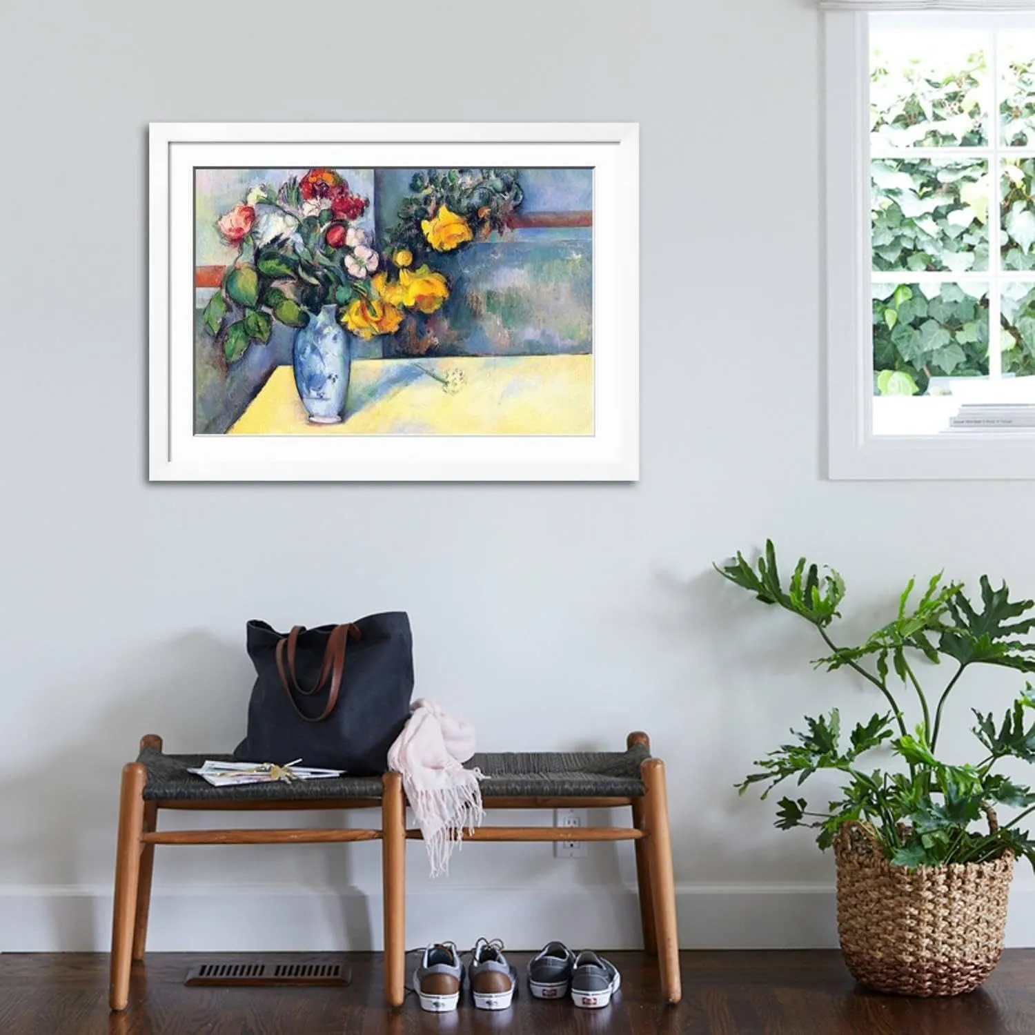 ART.COM Wall Art Print Still Life with Flowers In a Vase on White Frame by Paul Cézanne, 44" x 32"