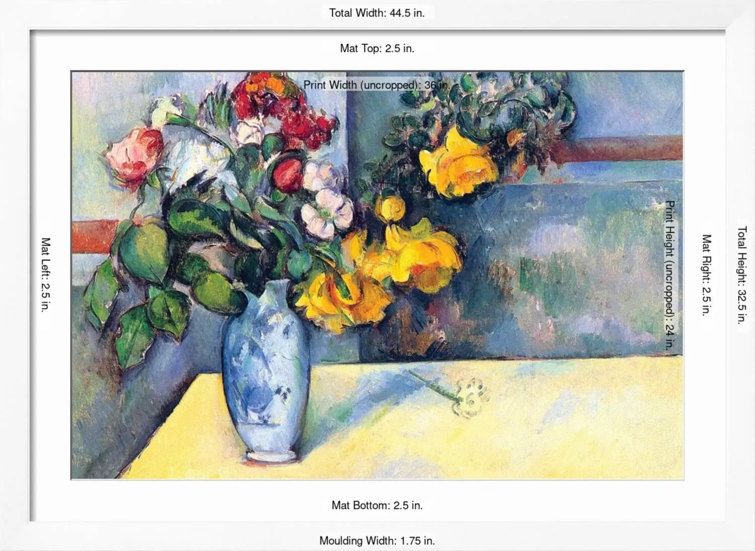 ART.COM Wall Art Print Still Life with Flowers In a Vase on White Frame by Paul Cézanne, 44" x 32"