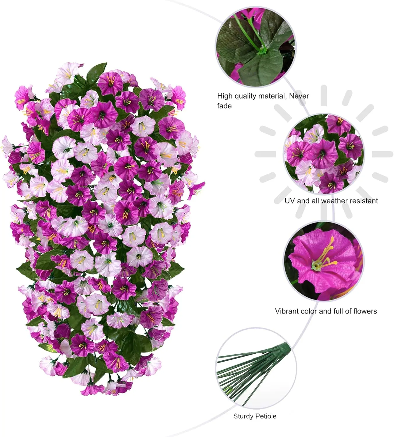 Artificial Fake Hanging Flowers Plants for Outdoor Outside, 2PCS Faux Silk Morning Glory Trailing Vines UV Resistant Look Real for Home Planter Porch Patio (Light Fuchsia Fuchsia)