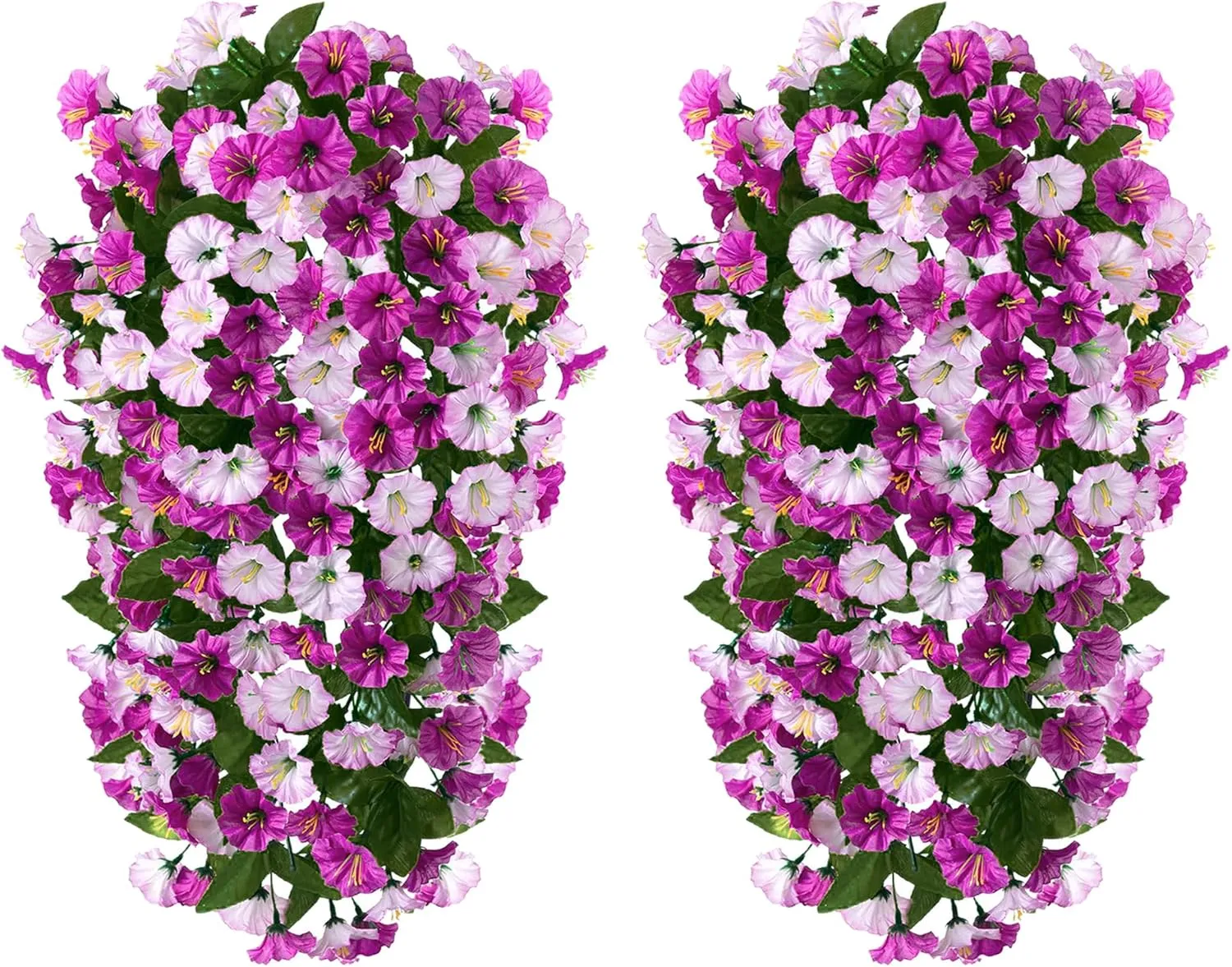 Artificial Fake Hanging Flowers Plants for Outdoor Outside, 2PCS Faux Silk Morning Glory Trailing Vines UV Resistant Look Real for Home Planter Porch Patio (Light Fuchsia Fuchsia)