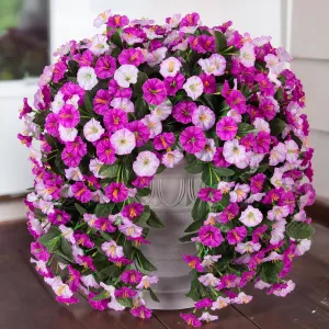 Artificial Fake Hanging Flowers Plants for Outdoor Outside, 2PCS Faux Silk Morning Glory Trailing Vines UV Resistant Look Real for Home Planter Porch Patio (Light Fuchsia Fuchsia)