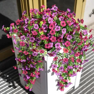 Artificial Hanging Flowers for Outdoors, 2 Pcs Fake Hanging Plant Spring Summer Decor, UV Resistant No Fade Faux Flower for Front Door Porch Planter Patio Yard Garden(Light Purple Red)