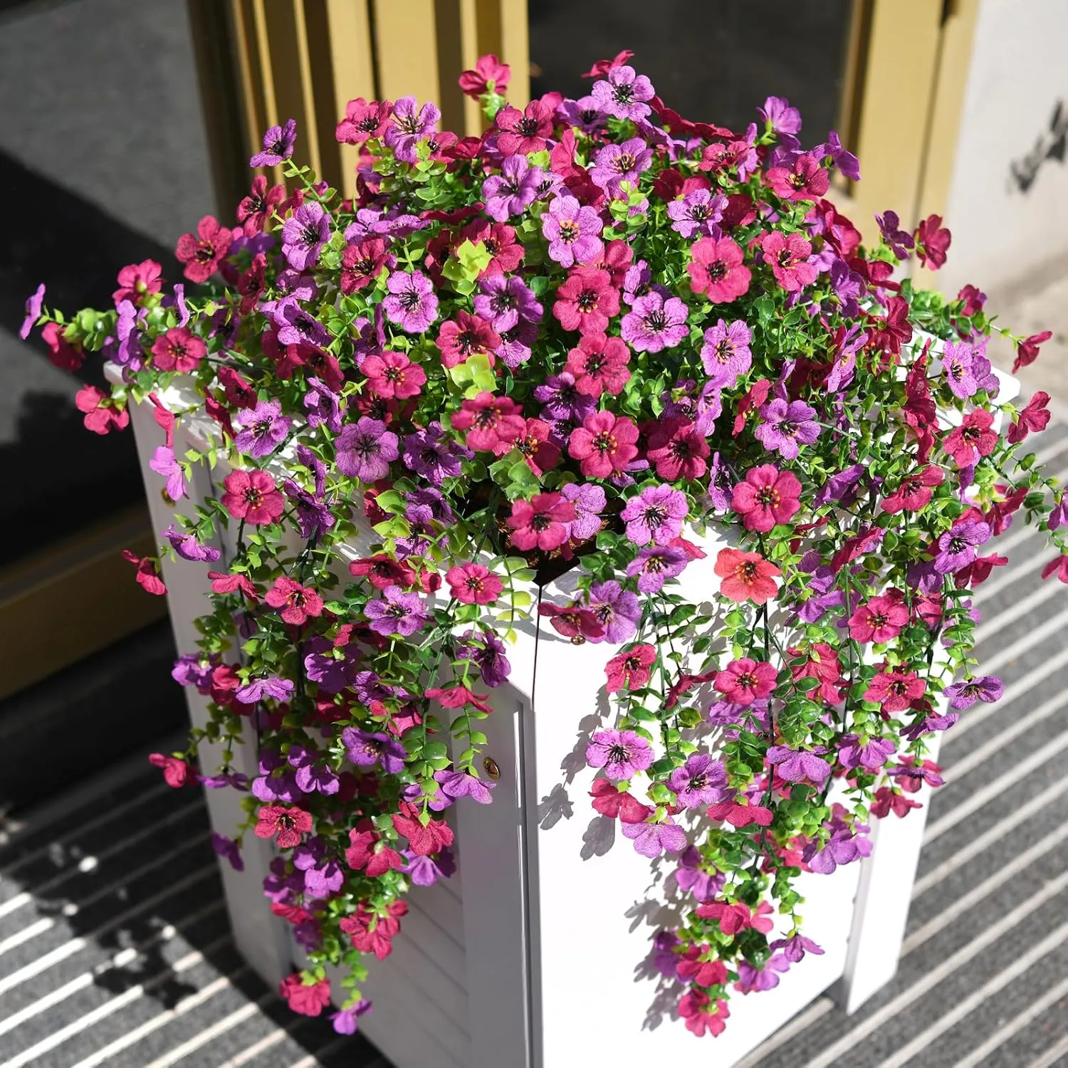 Artificial Hanging Flowers for Outdoors, 2 Pcs Fake Hanging Plant Spring Summer Decor, UV Resistant No Fade Faux Flower for Front Door Porch Planter Patio Yard Garden(Light Purple Red)