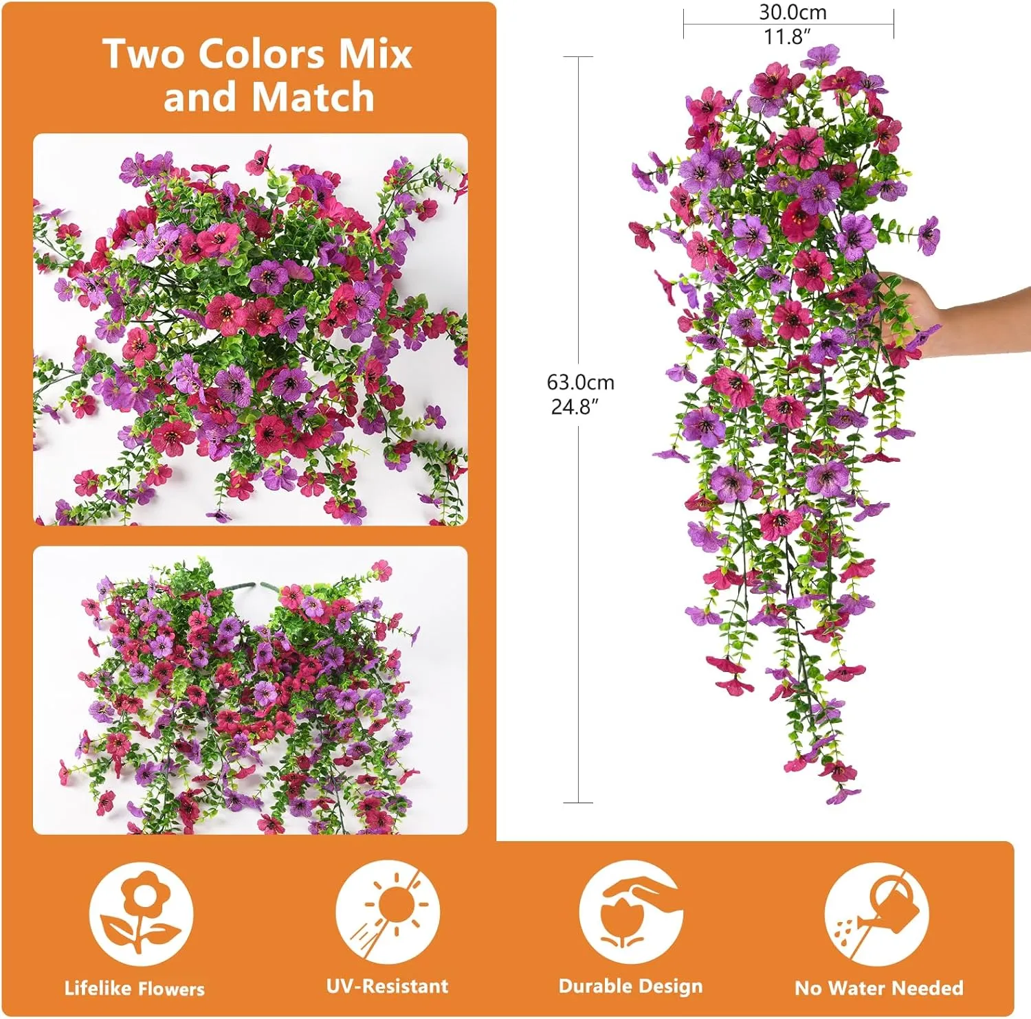 Artificial Hanging Flowers for Outdoors, 2 Pcs Fake Hanging Plant Spring Summer Decor, UV Resistant No Fade Faux Flower for Front Door Porch Planter Patio Yard Garden(Light Purple Red)